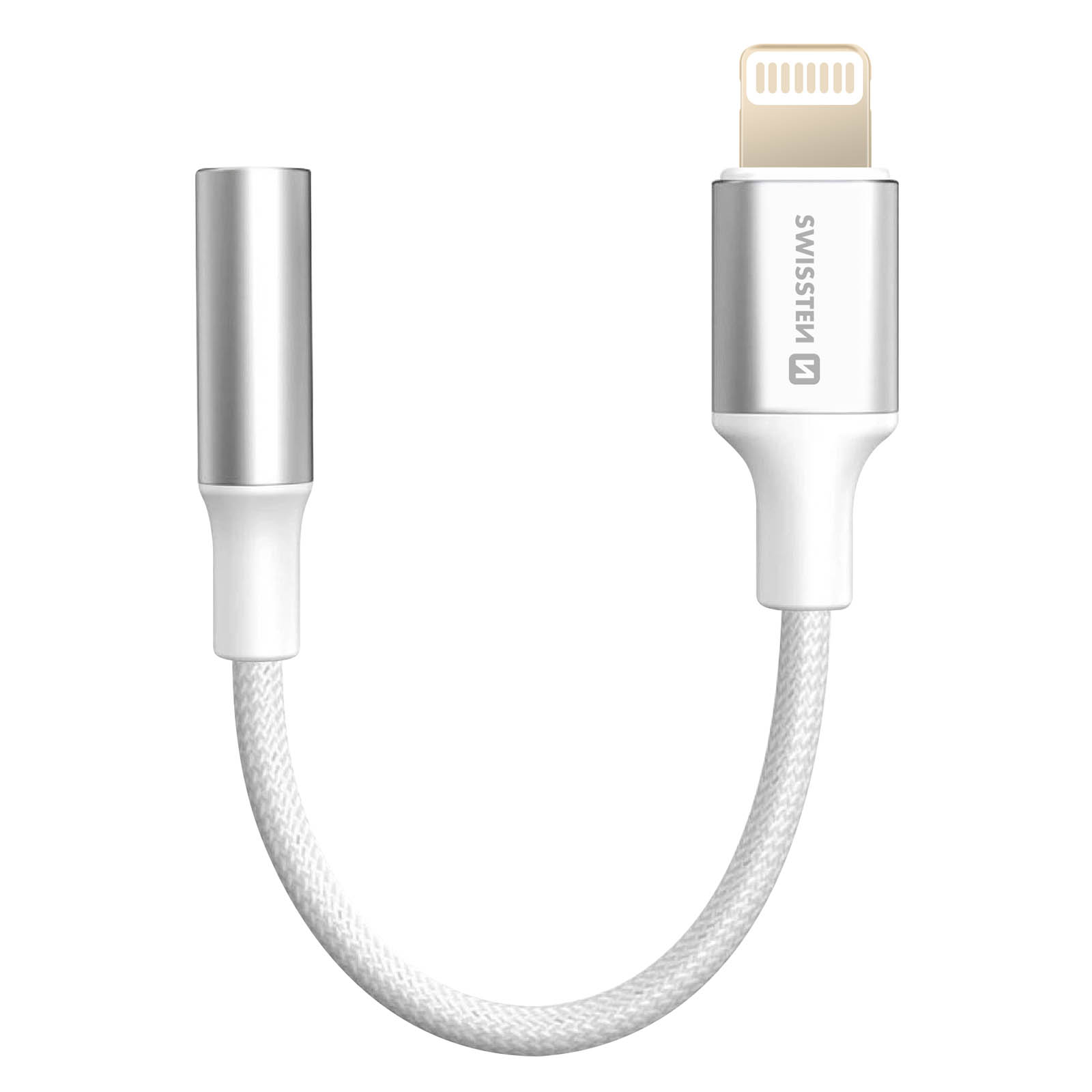 Cavo adattatore bianco e argento con connettore Lightning e connettore jack audio da 3,5 mm.