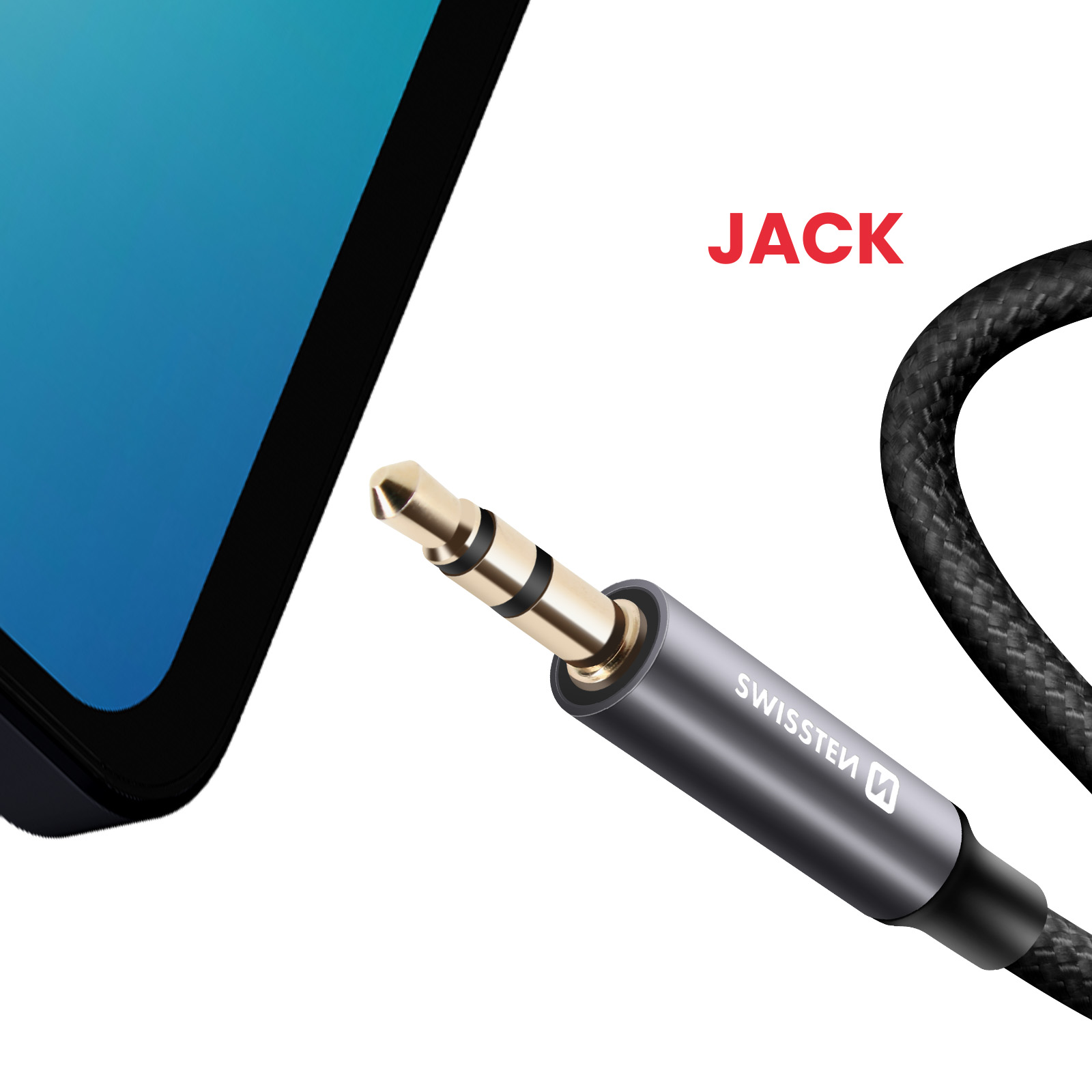 Ein schwarzes Audiokabel mit einem 3,5-mm-Klinkenstecker ist mit einem Telefonbildschirm verbunden, auf dem das Wort JACK steht.