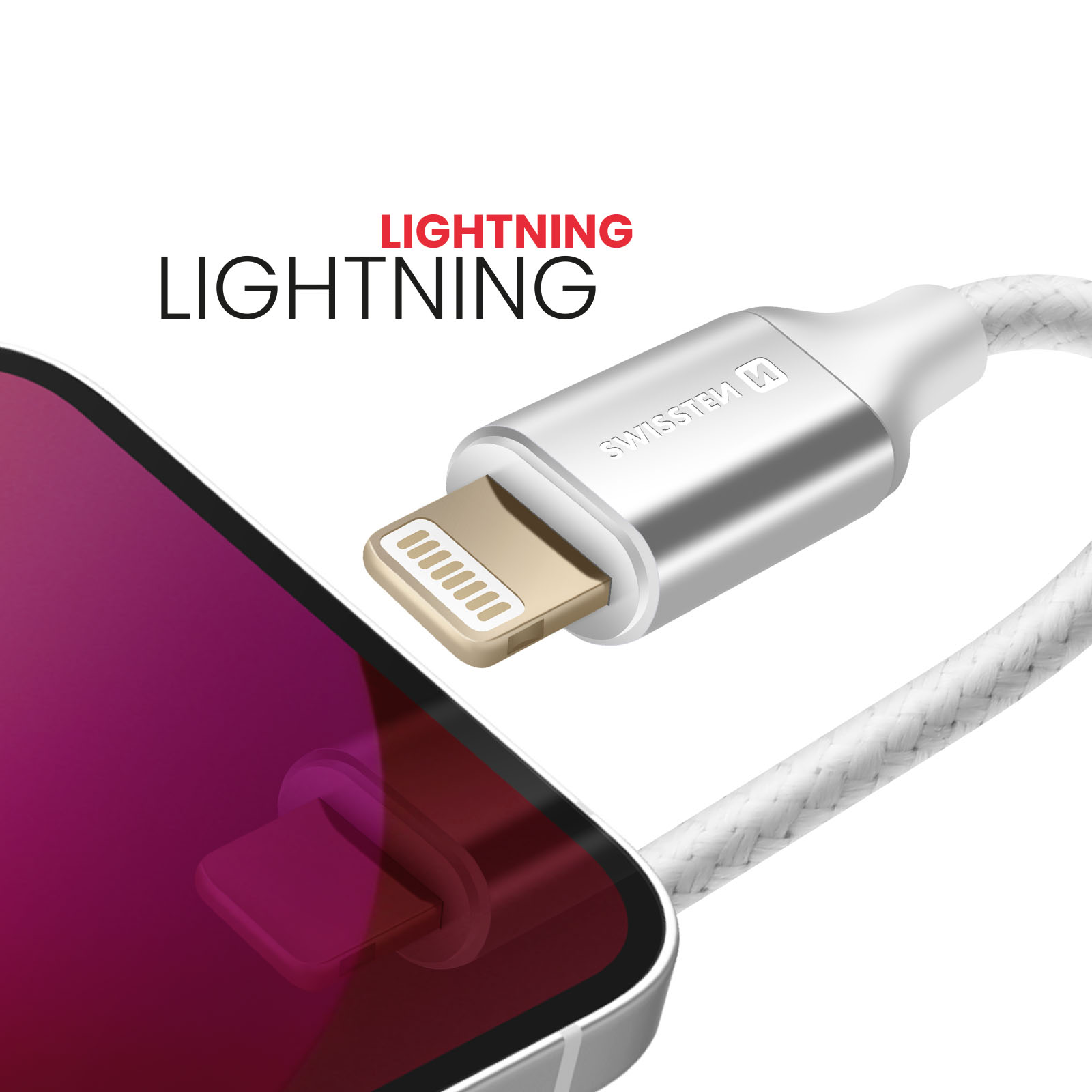 Un connettore Lightning bianco con testa argentata è collegato a uno schermo del telefono con la parola LIGHTNING in alto.
