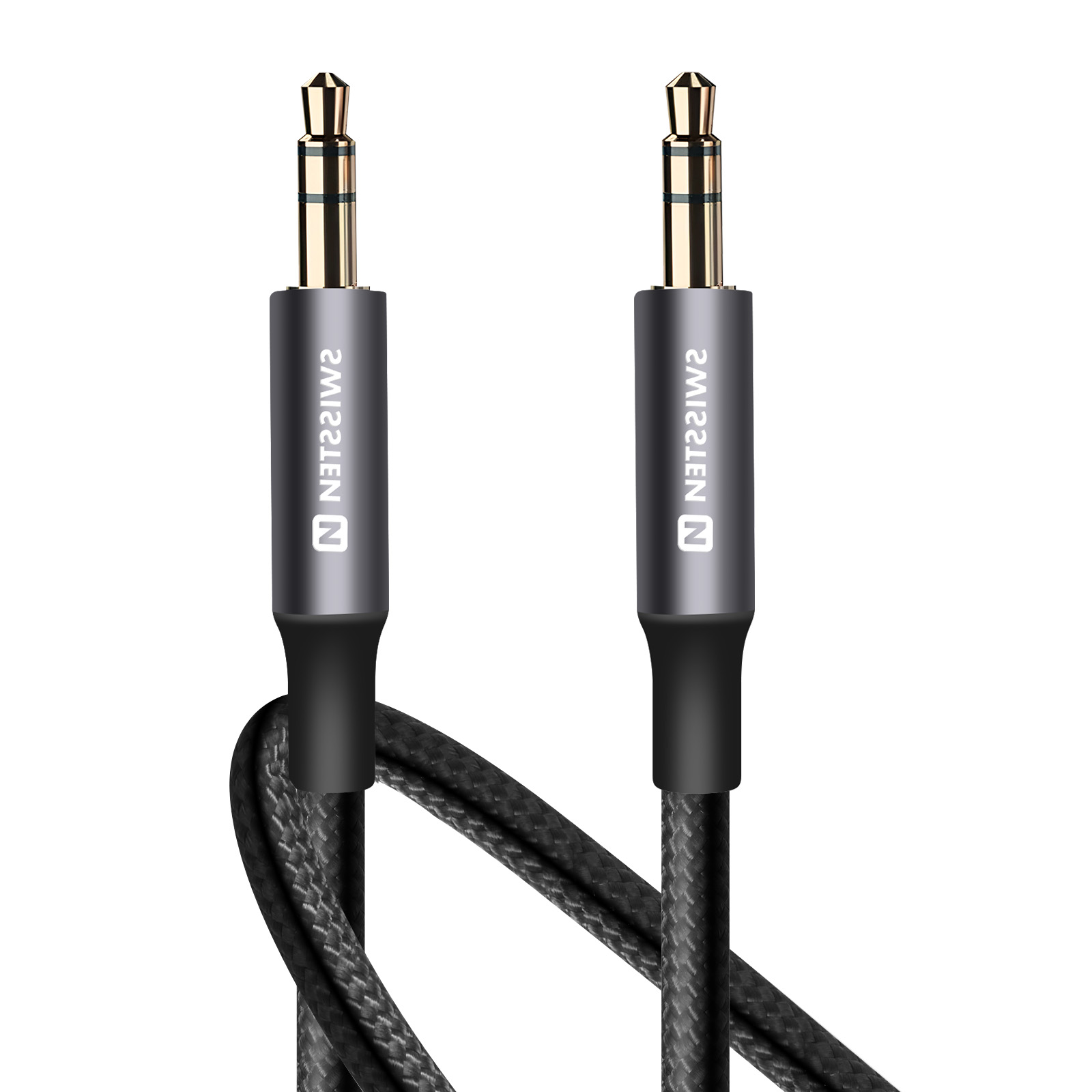 Zwei Audiokabel mit goldfarbenen Klinkensteckern und grauen Steckern. Das Kabel ist schwarz und geflochten.
