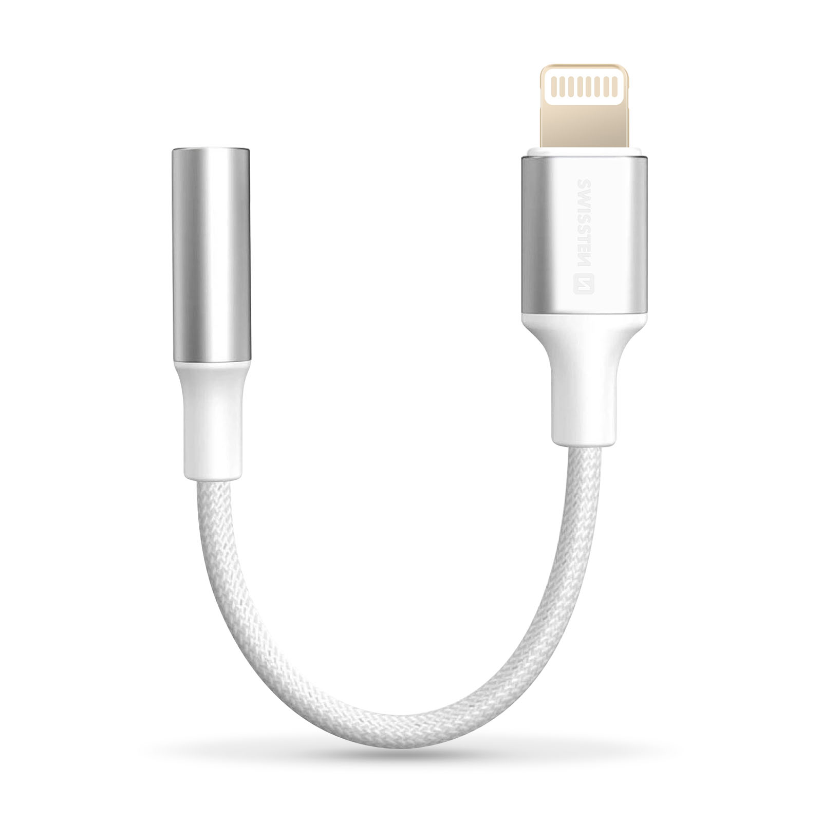 Cavo intrecciato bianco con connettore argentato e connettore Lightning. Il connettore è argentato.