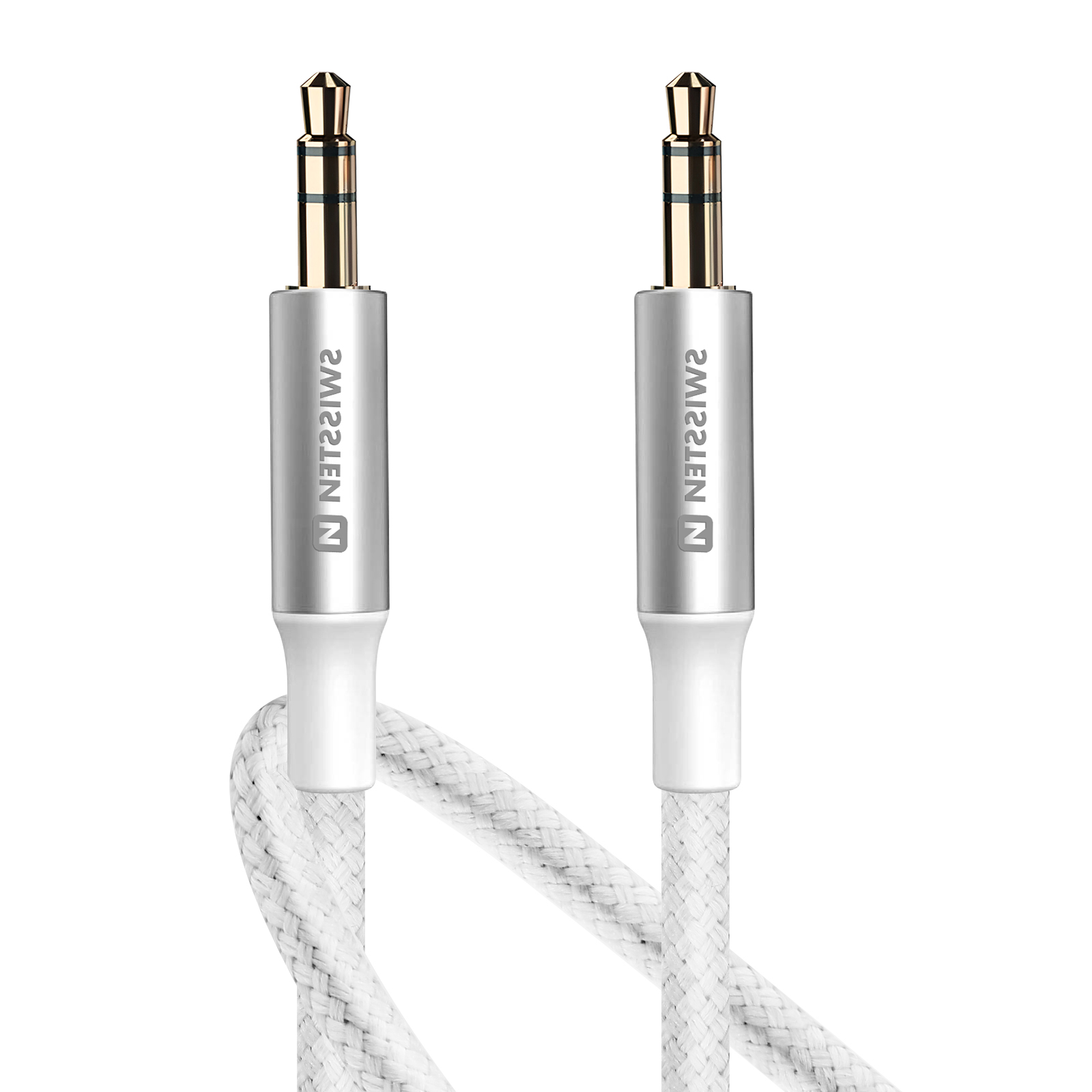 Due cavi audio con connettori argentati e jack dorati. Il cavo è bianco e intrecciato.