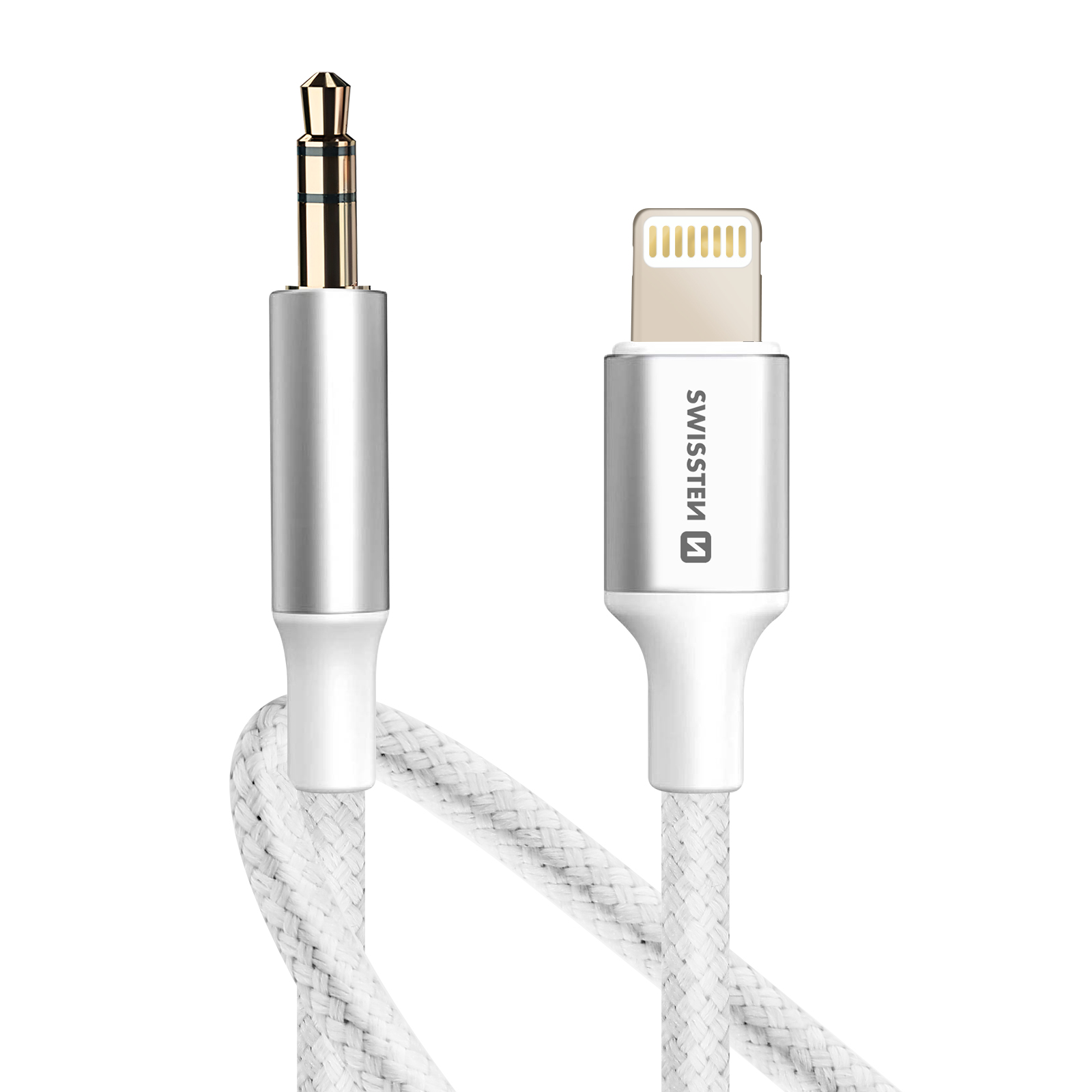 Cavo intrecciato bianco con connettore argentato, jack dorato e connettore Lightning.