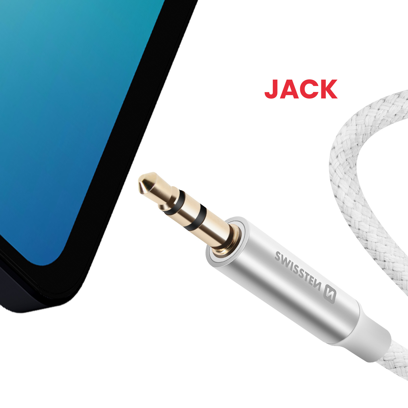 Primo piano di un cavo jack dorato. Un telefono sullo sfondo. La parola 'JACK' è scritta in rosso.