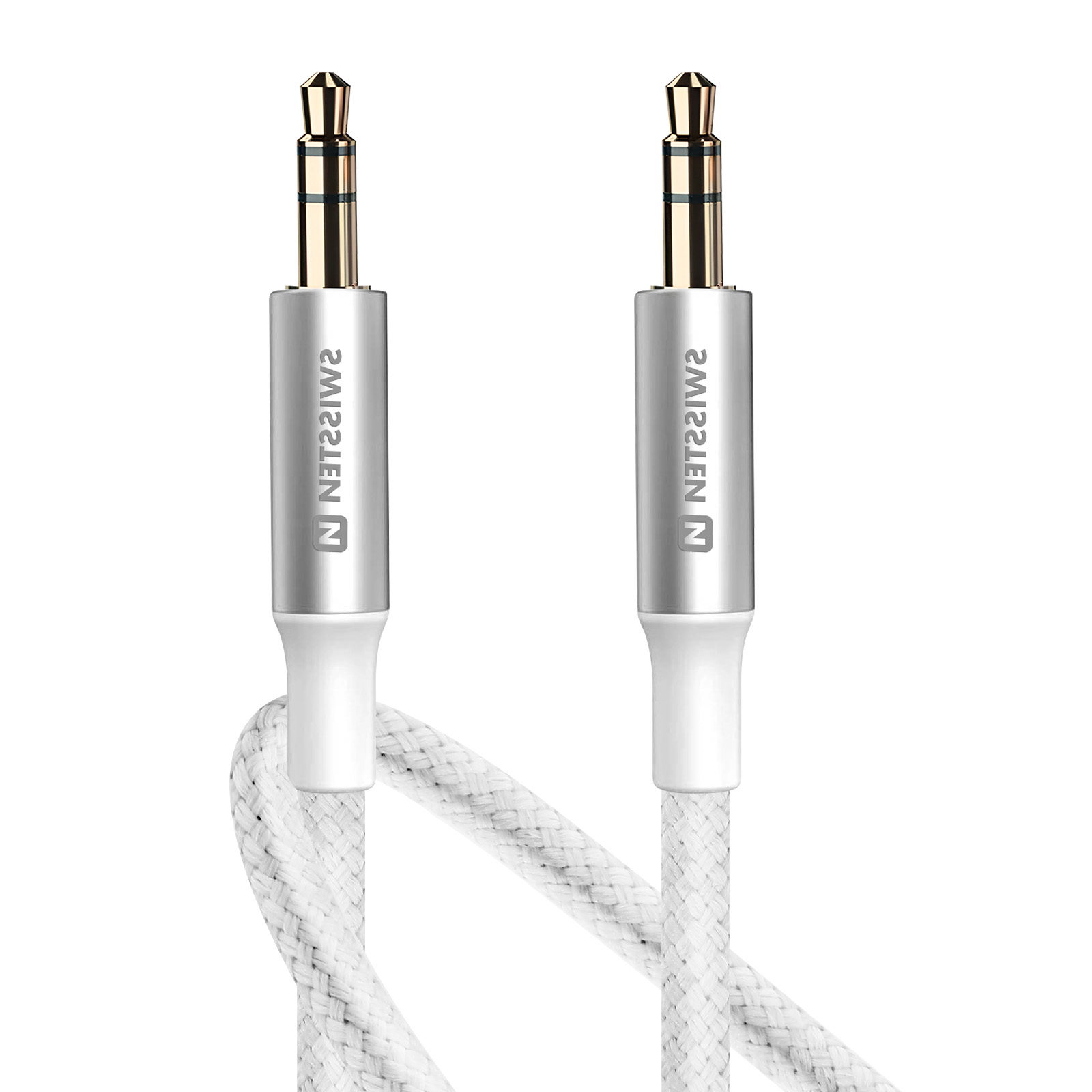 Due cavi audio con connettori argentati e jack dorati. Il cavo è bianco e intrecciato.