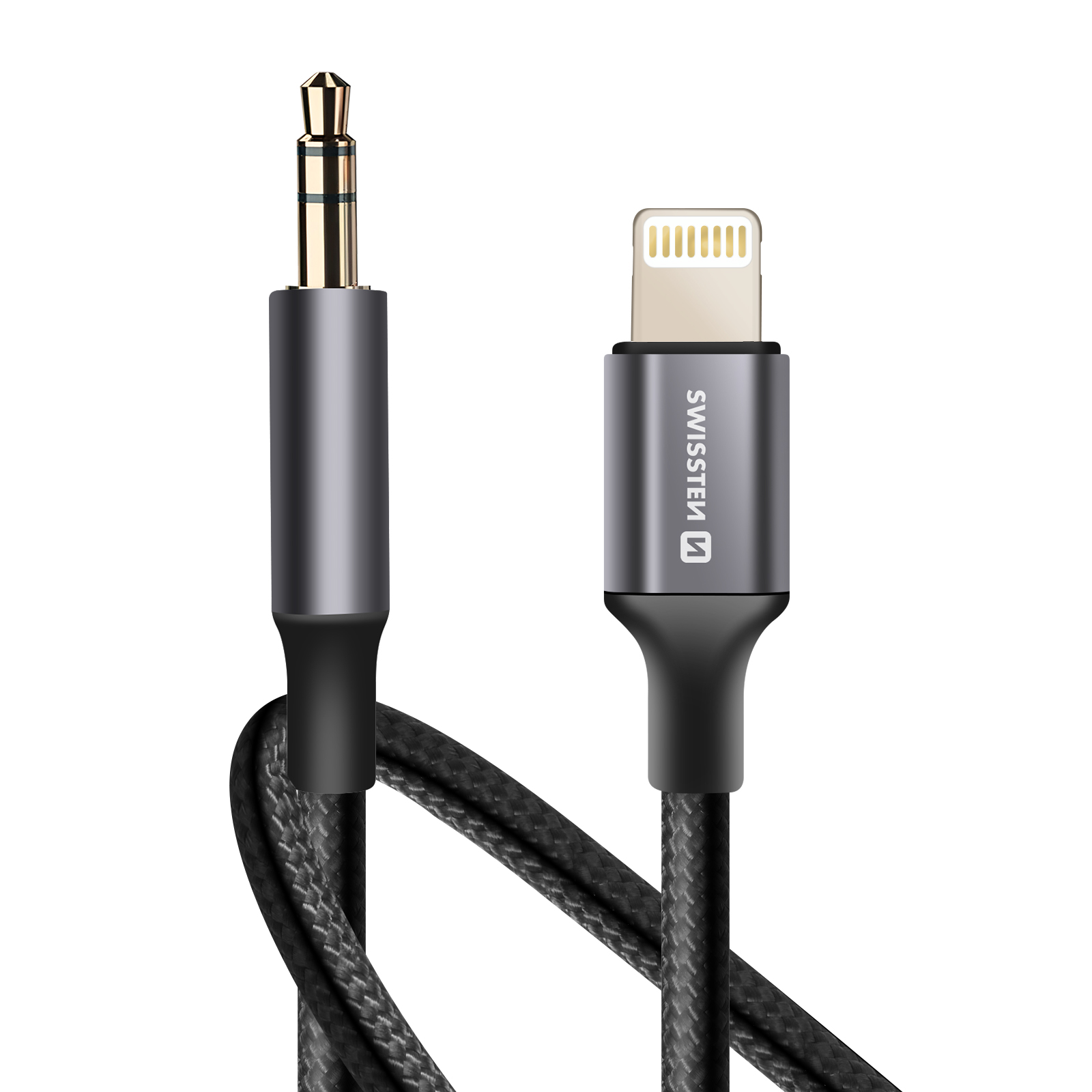 Ein Audiokabel mit goldfarbenem Klinkenstecker und Lightning-Anschluss. Das Kabel ist schwarz und geflochten.