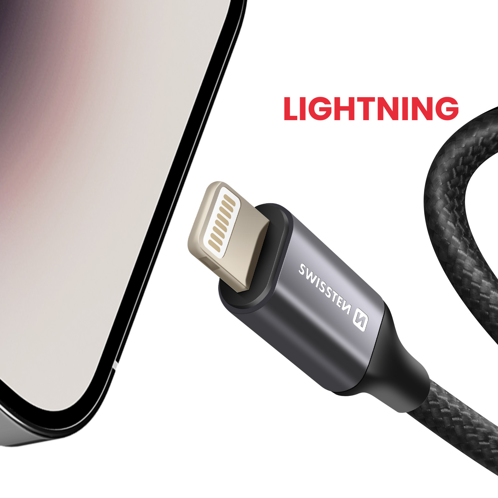 Ein schwarzes Lightning-Kabel mit Lightning-Anschluss und einem Telefon, mit rotem Text 'LIGHTNING' über dem Kabel.
