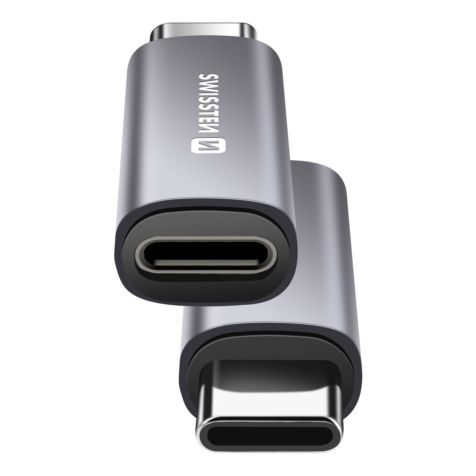 Deux adaptateurs USB-C gris, l'un au-dessus de l'autre. Les deux ont le logo Swissten et des ports USB-C.