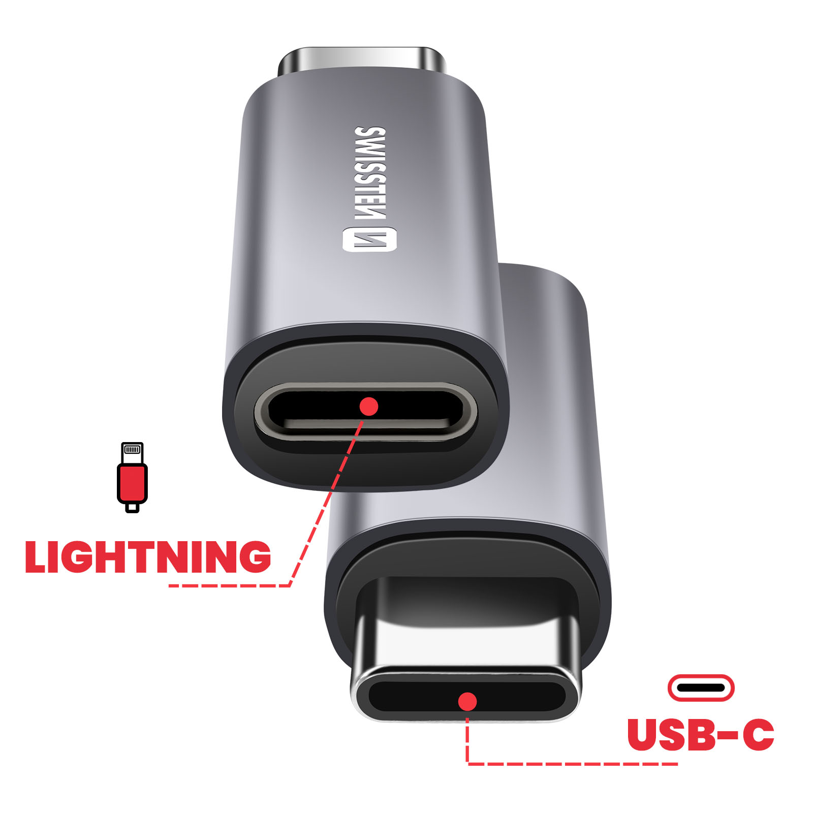 Deux adaptateurs USB-C gris. L'un montre un port USB-C et l'autre un port Lightning. Les adaptateurs affichent le logo Swissten.