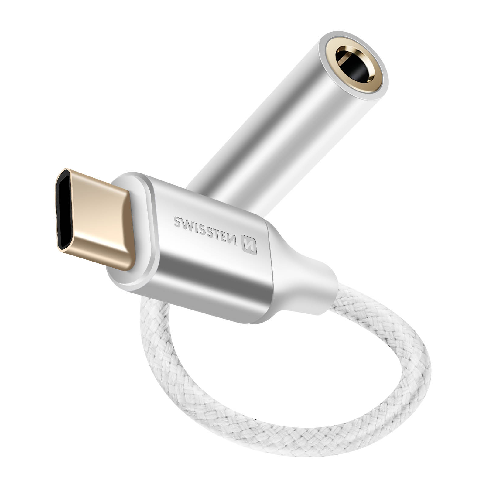 Un adattatore USB-C argentato con un cavo intrecciato bianco e un jack per cuffie color oro.