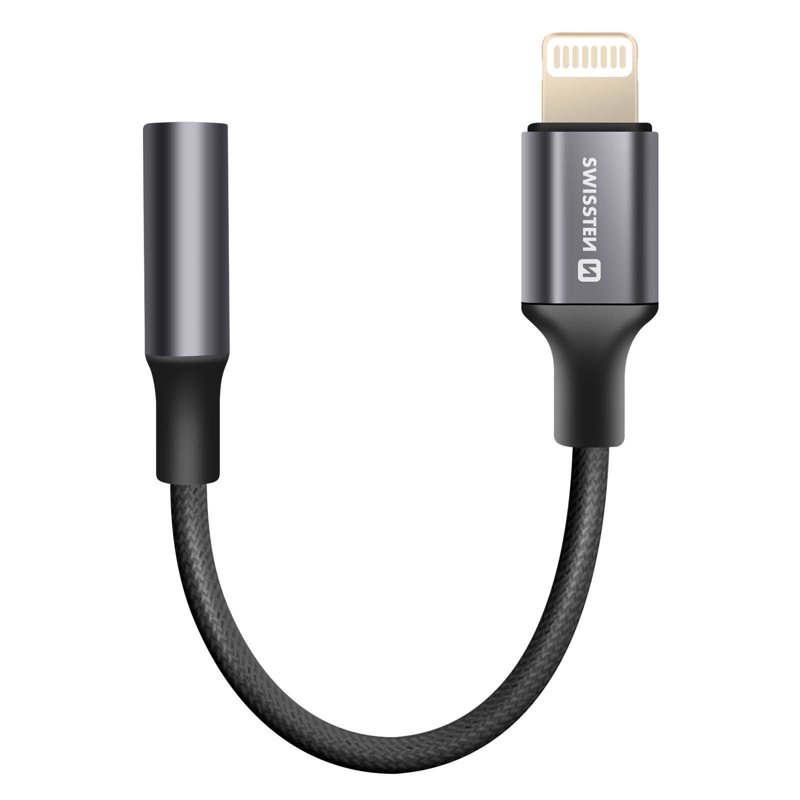 Adaptateur de câble tressé noir avec connecteur Lightning et connecteur cylindrique noir.