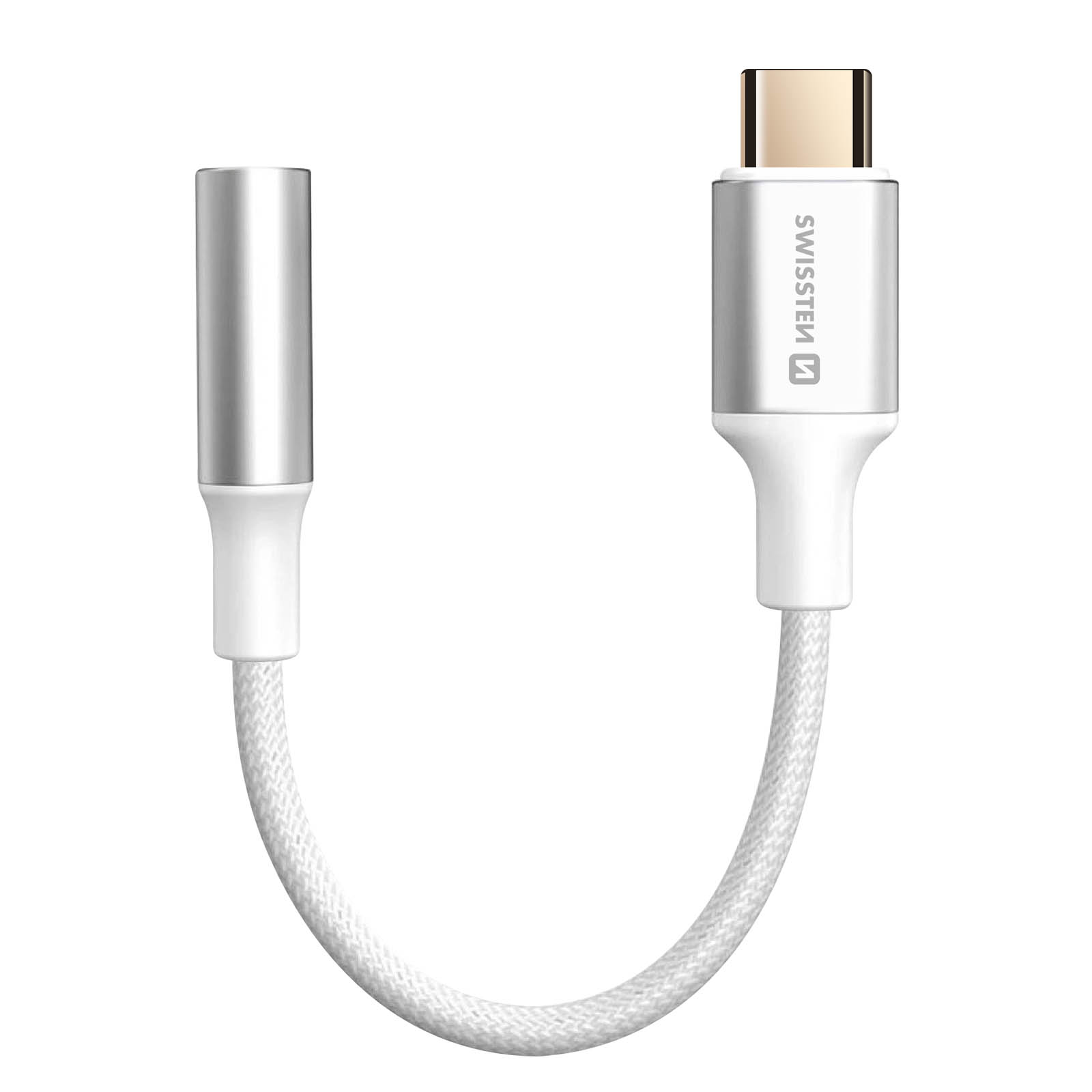 Un adattatore USB-C bianco con un cavo intrecciato bianco e un jack per cuffie color argento.