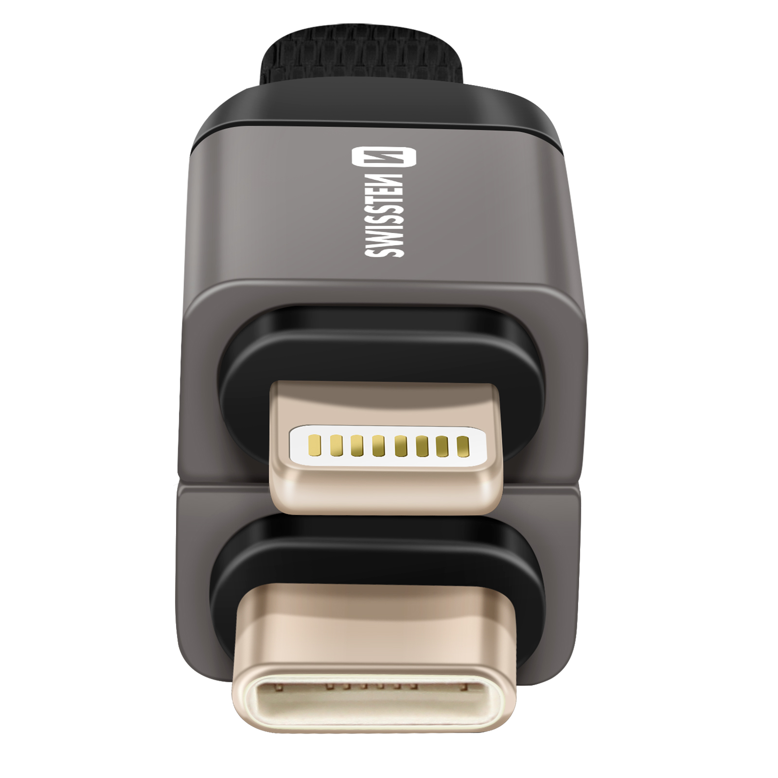 Un adattatore duale con un connettore Lightning e USB-C. Il logo Swissten è visibile.