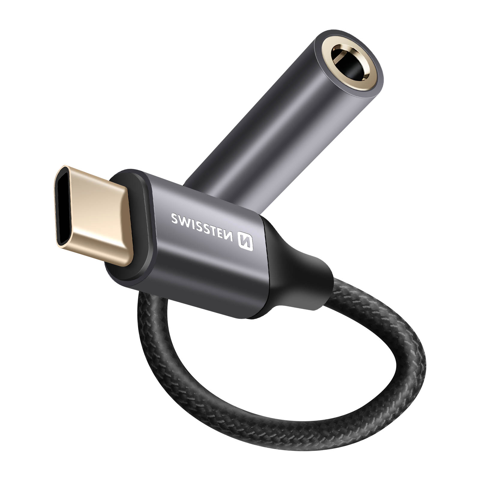 Adattatore da USB-C a 3,5 mm nero e argento. Cavo intrecciato. Logo Swissms.