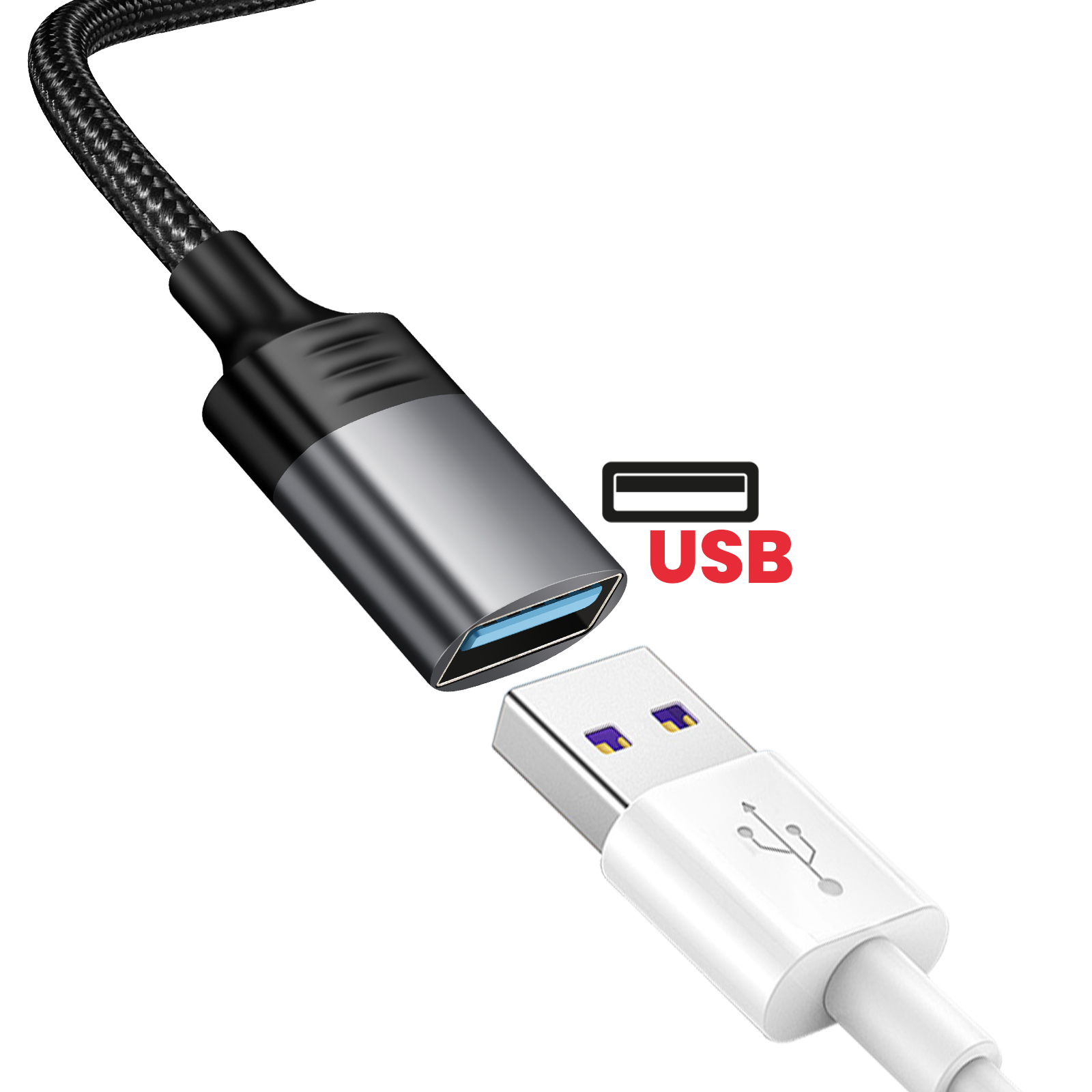 Câble USB avec connecteur USB et USB. Le logo USB est visible.