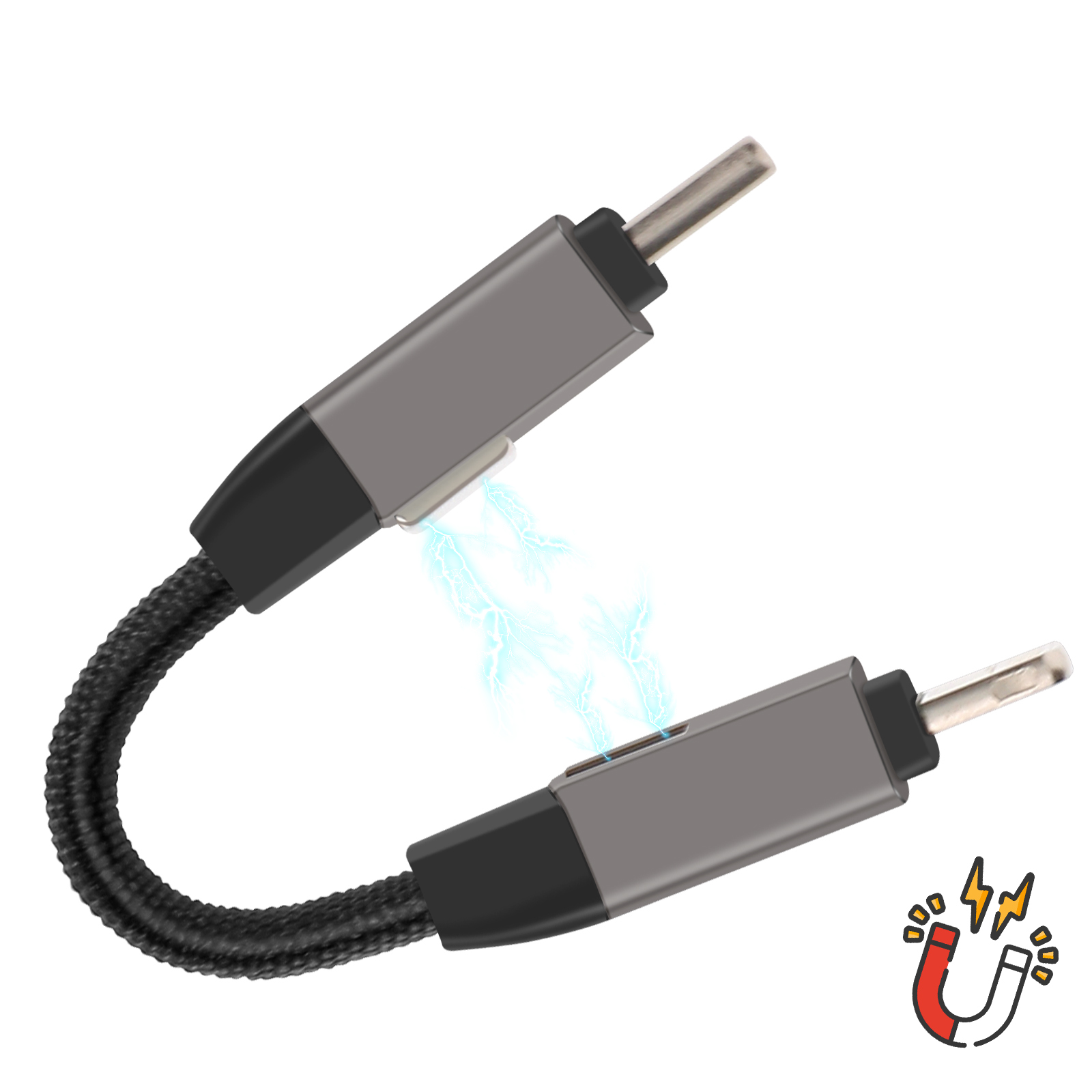 Cavo con due connettori, grigi e neri, collegati da un cavo intrecciato nero; un simbolo di magnete e scintille blu presenti.