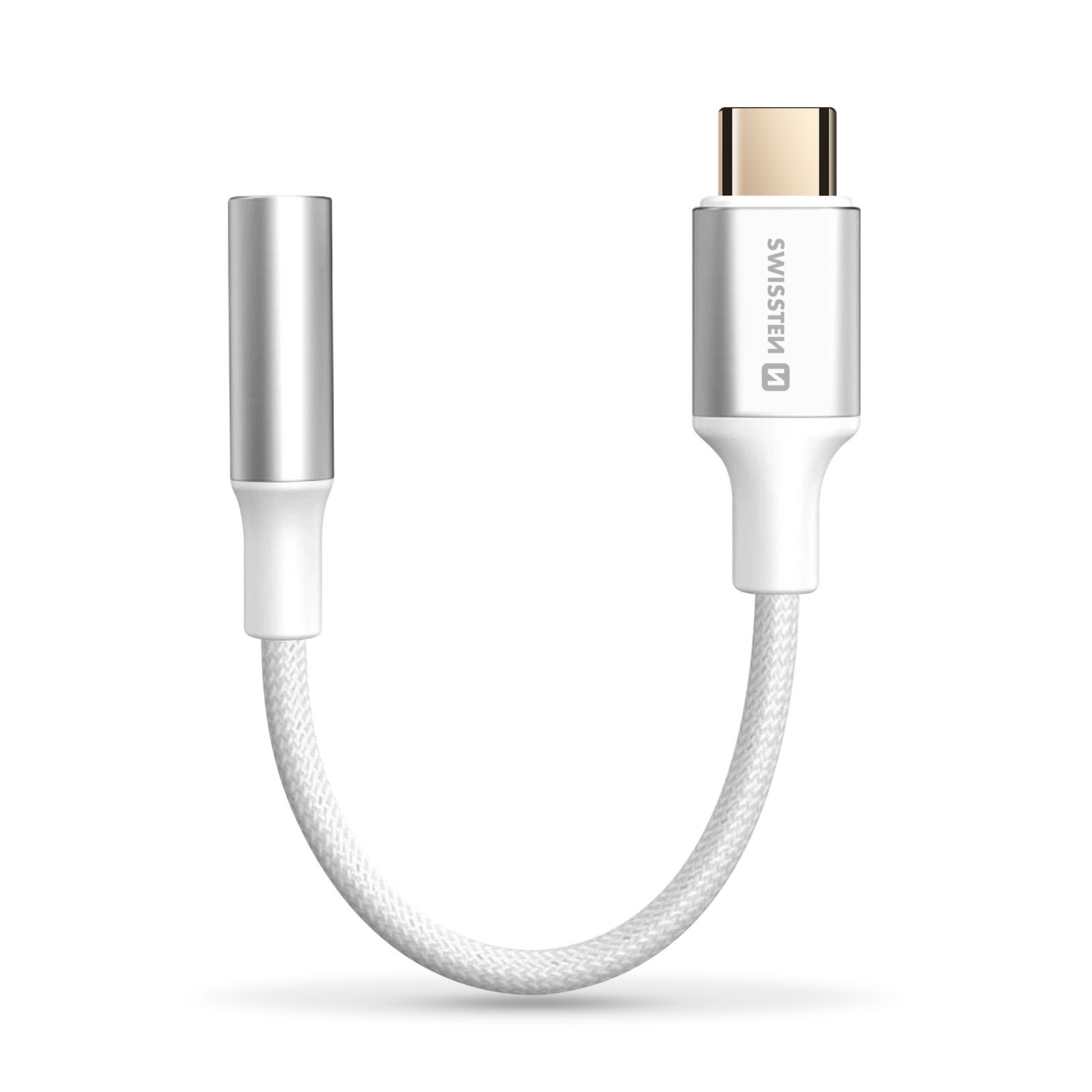 Adattatore da USB-C a 3,5 mm bianco e argento. Cavo bianco. Logo Swissms.