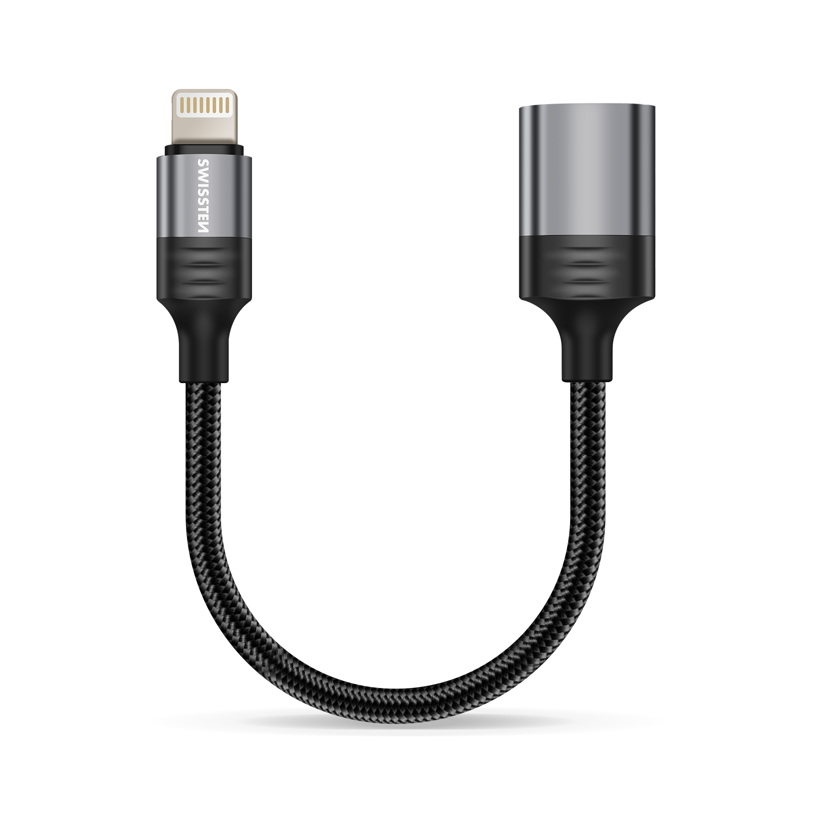 Adaptateur de câble tressé noir avec connecteur Lightning et connecteur cylindrique argenté-noir.