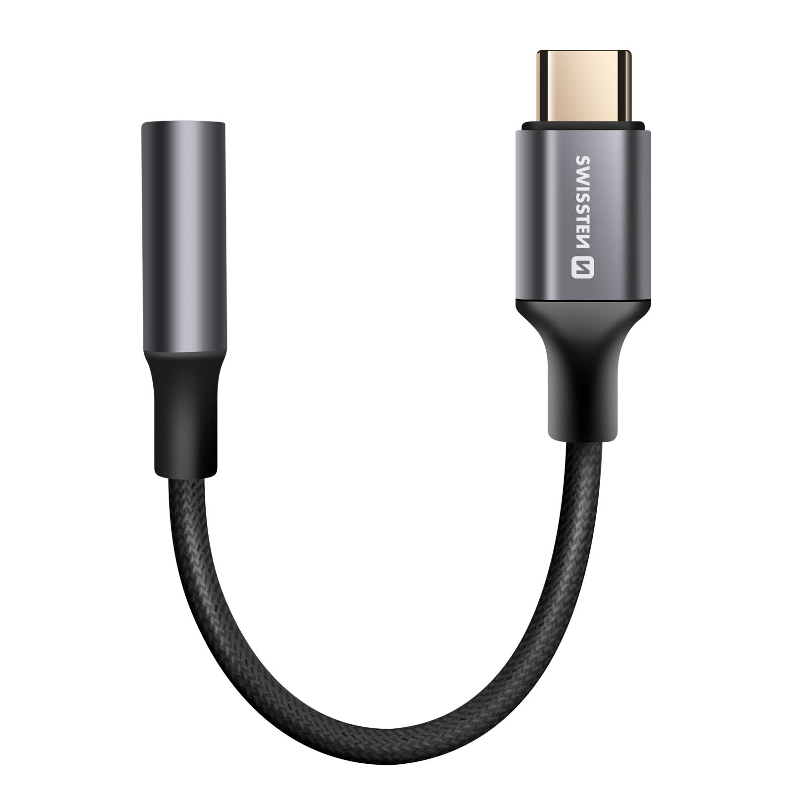 Adattatore da USB-C a 3,5 mm nero. Cavo intrecciato. Logo Swissms sull'adattatore.