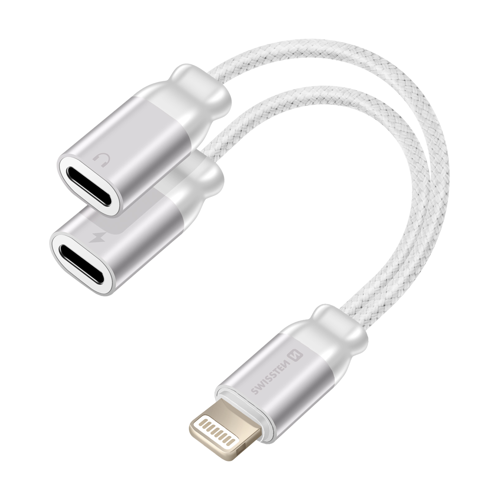 Adaptateur blanc et argent. Lightning vers deux adaptateurs USB-C. Logo Swissms.
