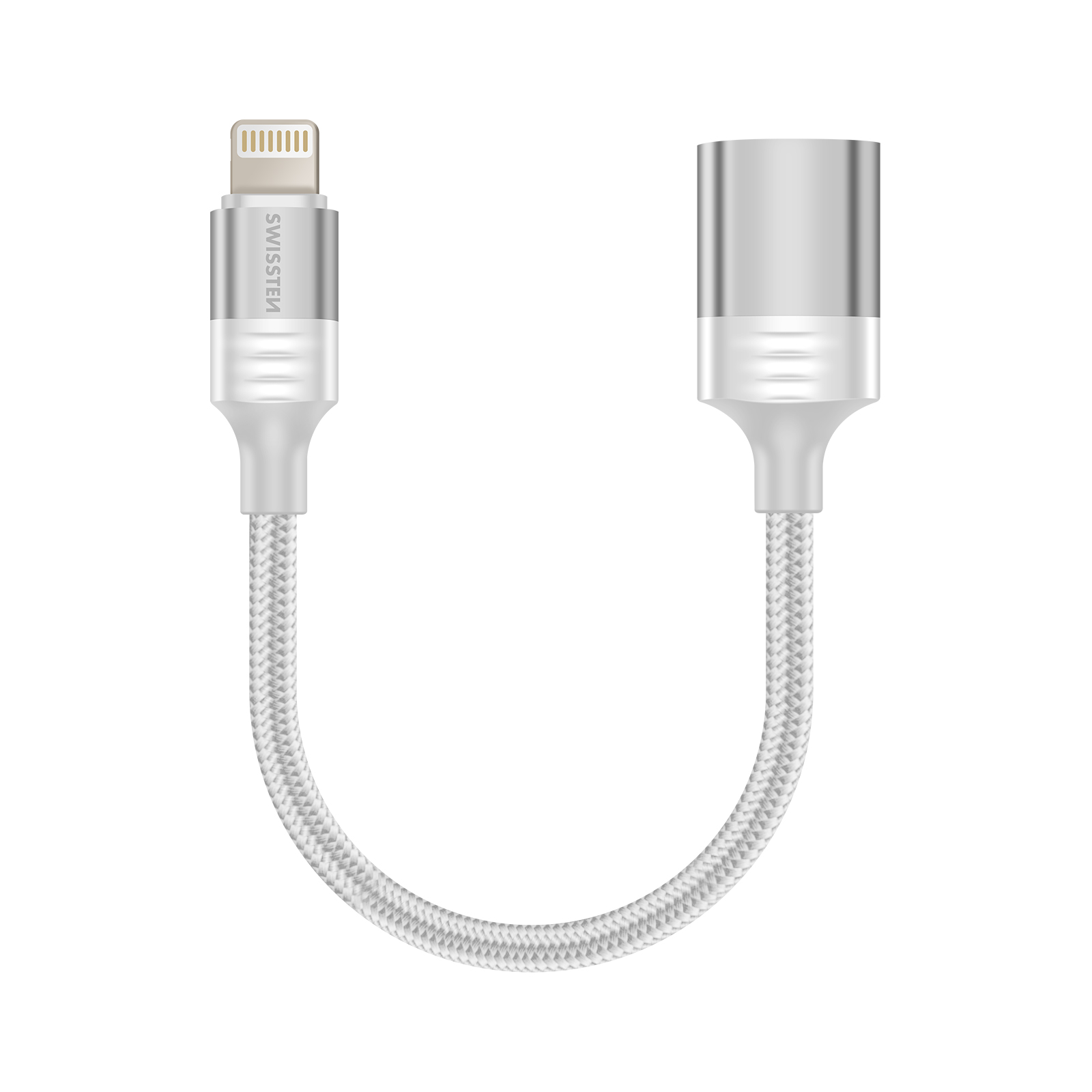 Adaptateur de câble tressé blanc avec connecteur Lightning et connecteur cylindrique argenté-blanc.