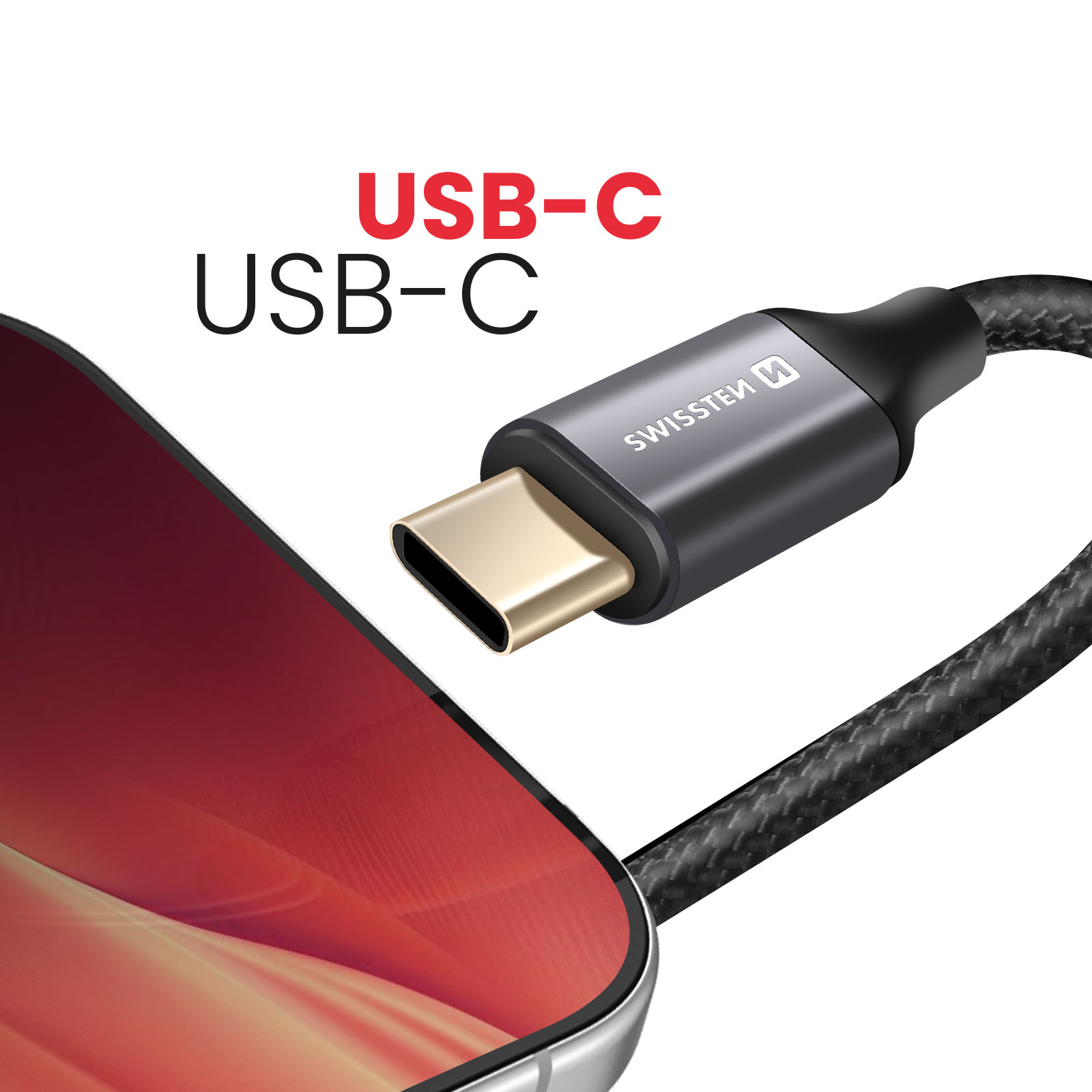 Cavo USB-C collegato a un telefono. Il cavo è nero e il telefono ha uno schermo rosso.