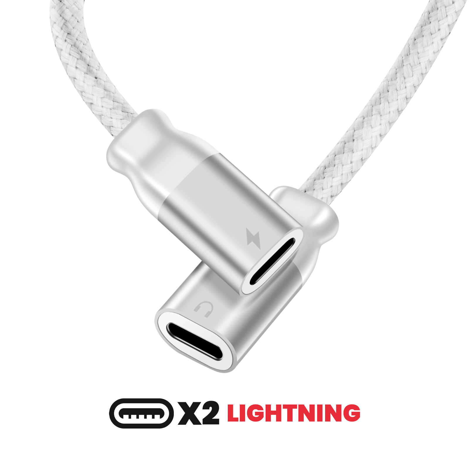 Adaptateur blanc, deux ports USB-C et un port Lightning. Mots, x2 Lightning.