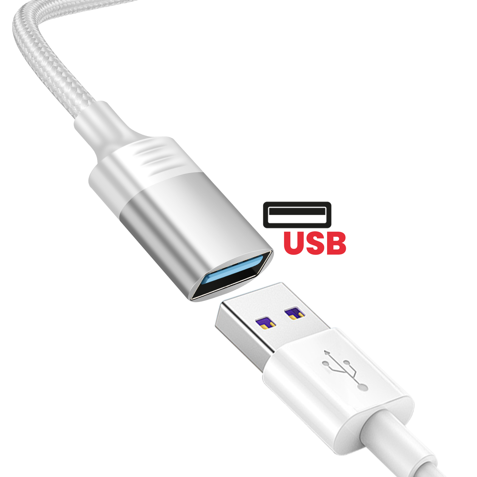 Un câble USB argenté et blanc avec connecteurs, le mot USB est à côté du connecteur.