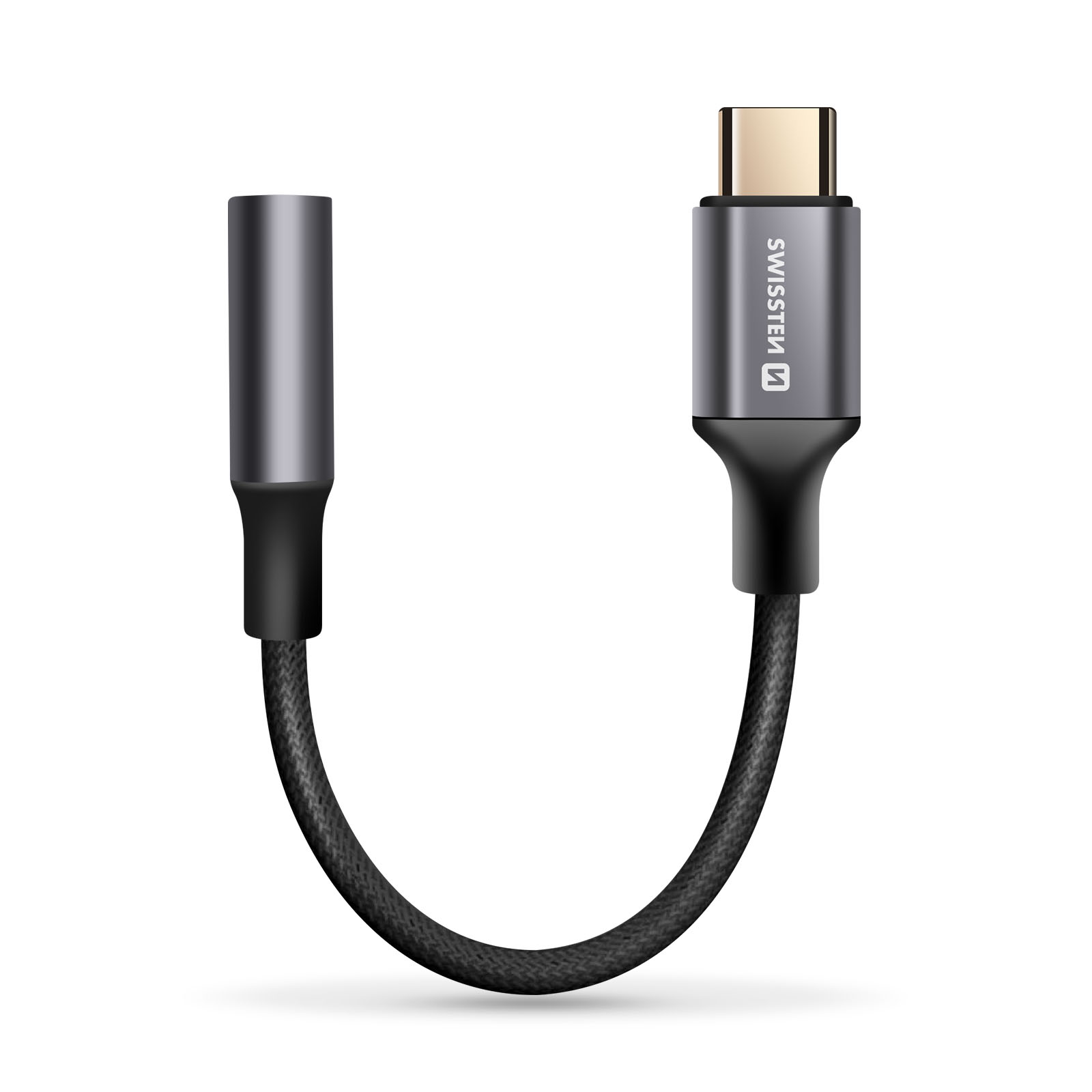 Adattatore per cavo intrecciato nero con connettore USB-C e connettore cilindrico grigio.