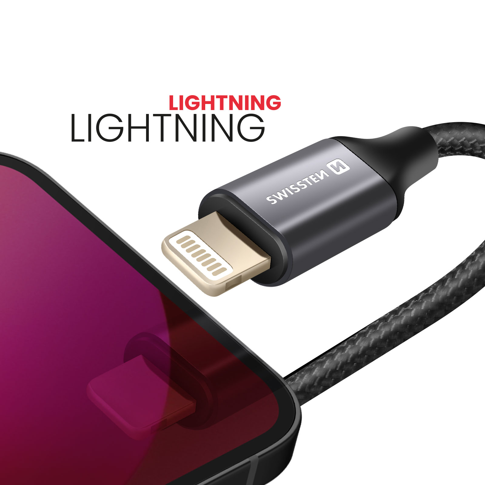 Gros plan sur un téléphone connecté à un câble. Le câble est noir et gris. L'écran du téléphone est violet.