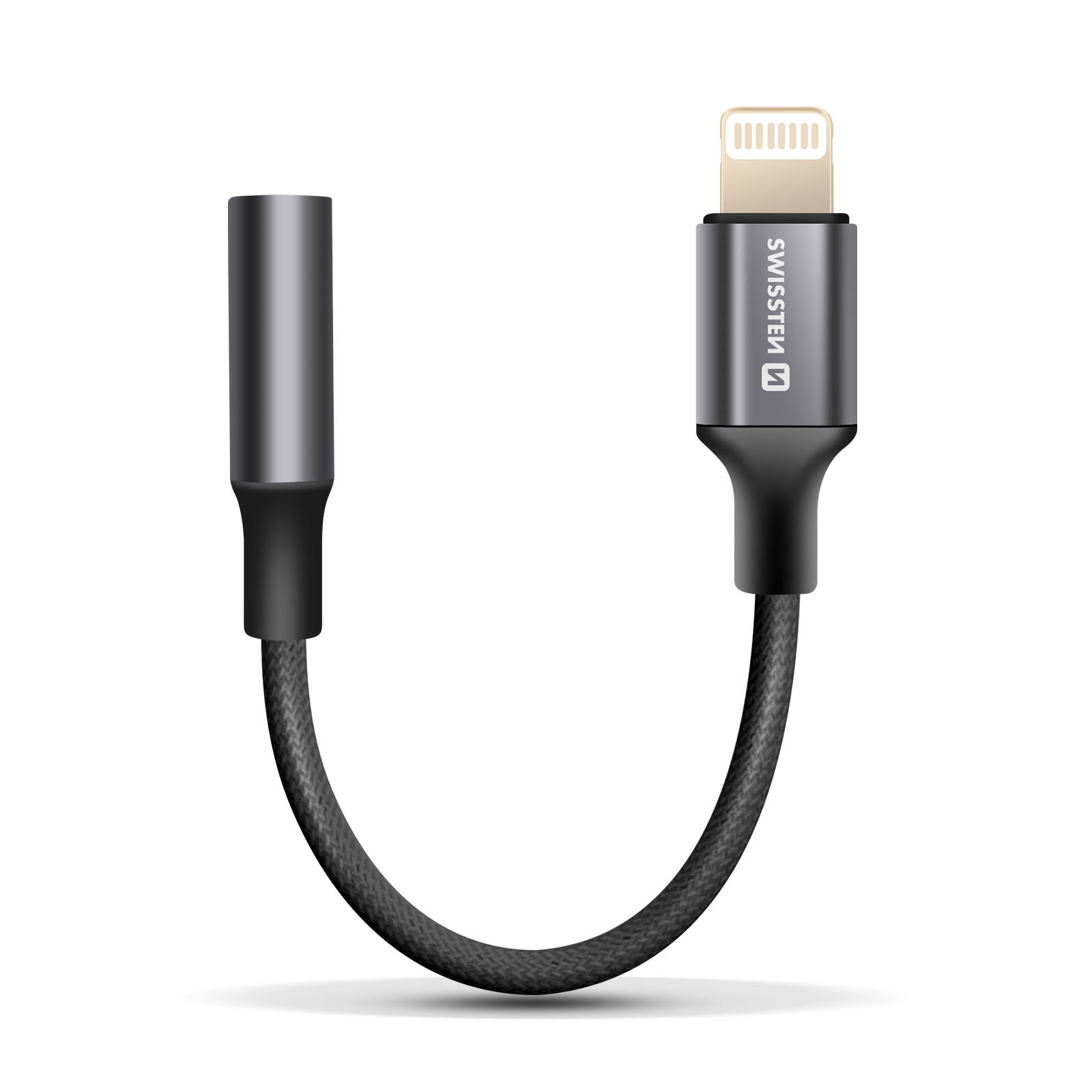 Un adaptateur noir avec un connecteur Lightning à une extrémité et une prise casque à l'autre, sur fond blanc.