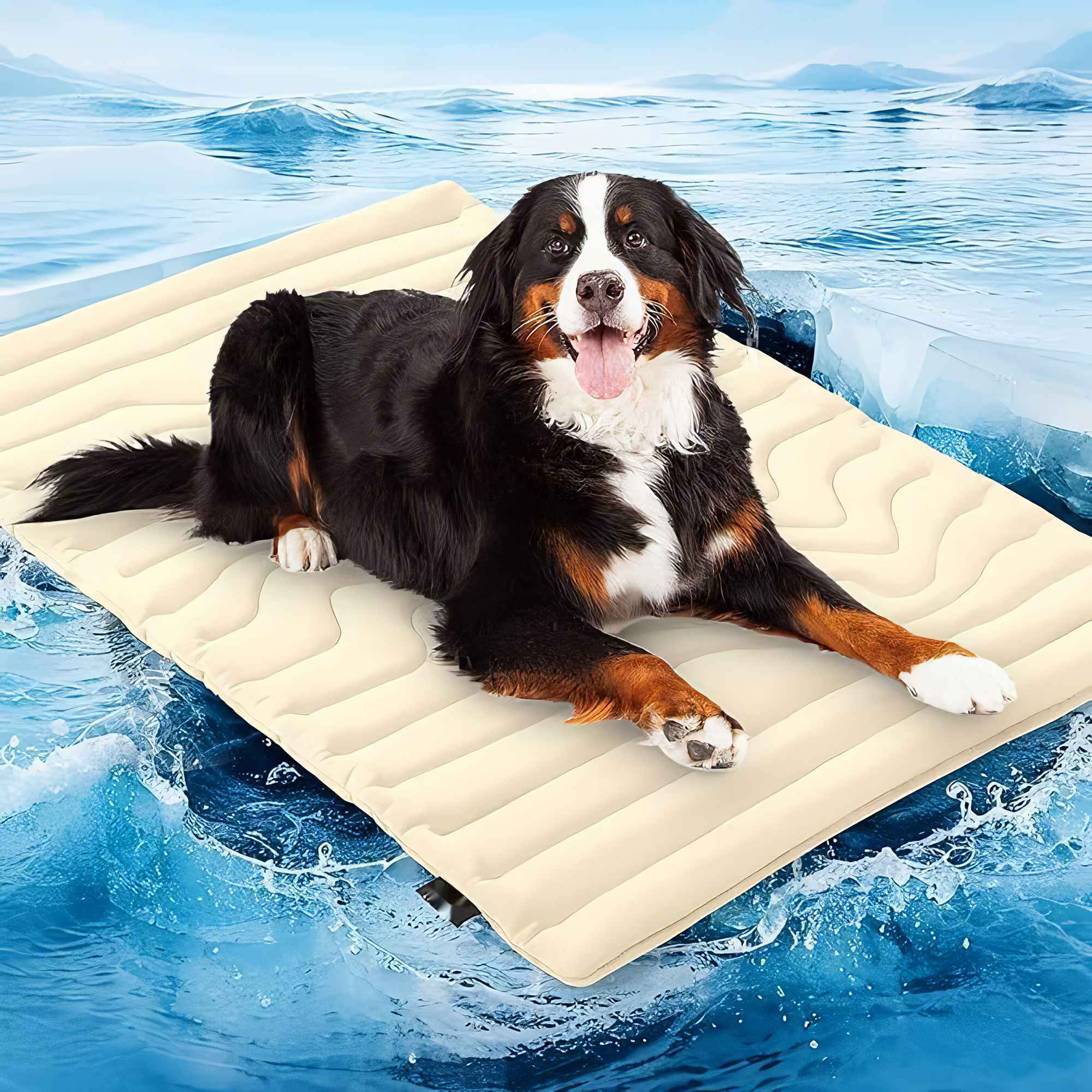 Ein schwarz-weißer Hund liegt auf einer cremefarbenen Kühlmatte, die auf einem Wasser- und Eishintergrund schwimmt.