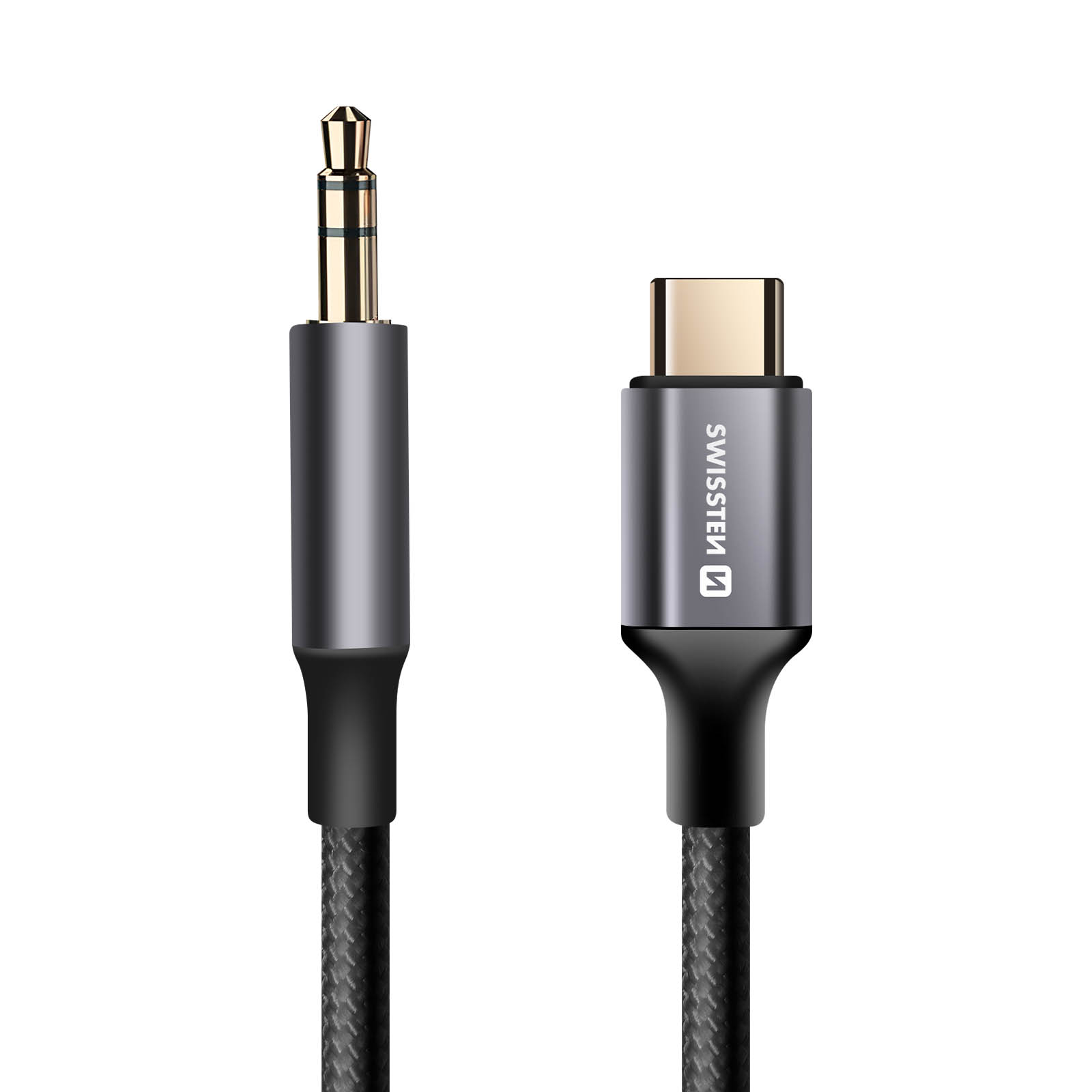 Un cavo audio nero e grigio con jack da 3,5 mm e connettore USB-C su sfondo bianco.