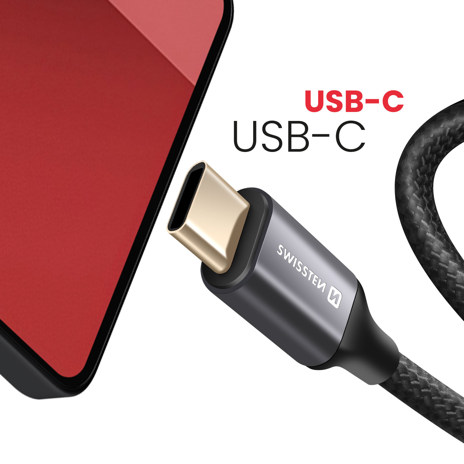 Primo piano di un cavo USB-C con un dispositivo rosso sullo sfondo e testo: USB-C USB-C.