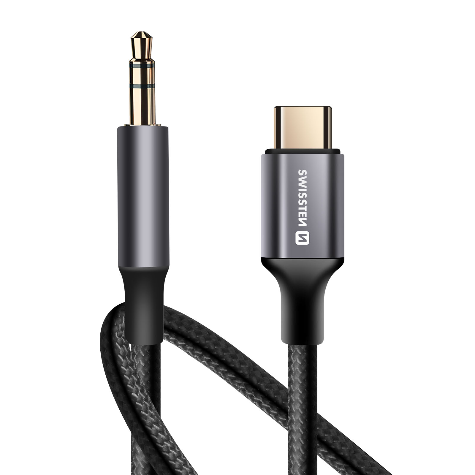 Un cavo audio nero e grigio con jack da 3,5 mm e connettore USB-C su sfondo bianco.