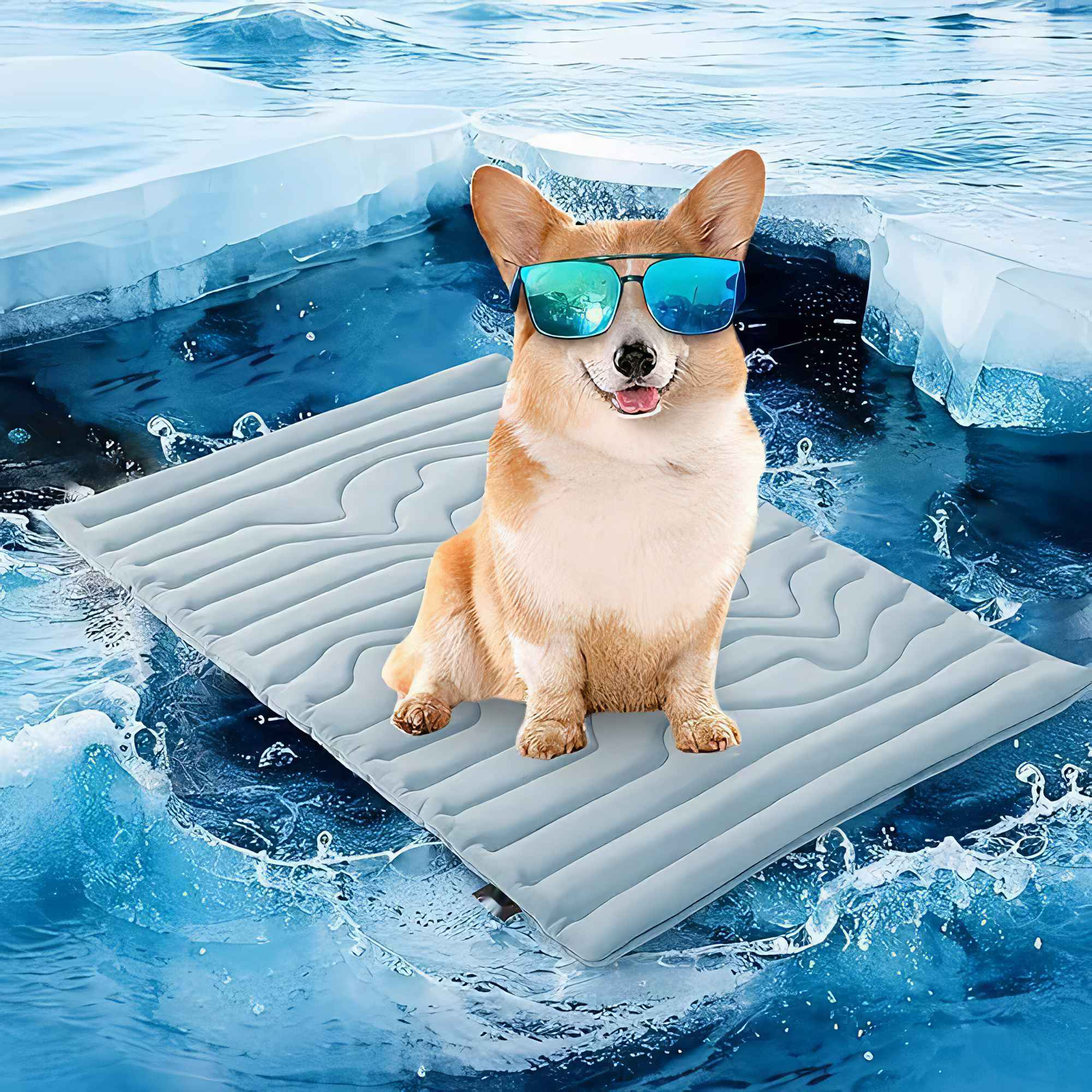 Ein Corgi mit Sonnenbrille auf einer grauen Matte, die auf Wasser schwimmt. Eisberge sind im Hintergrund.