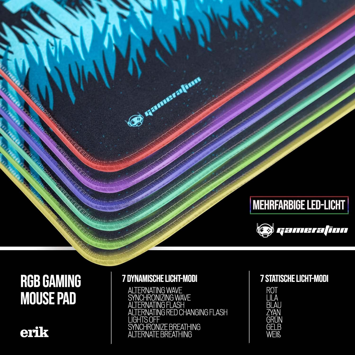 Nahaufnahme eines RGB-Gaming-Mauspads mit mehrfarbigen LED-Lichtern und dem Namen 'gamerajun'.
