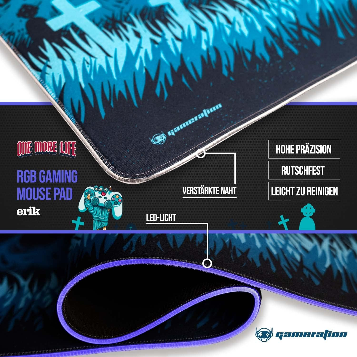 Nahaufnahme eines RGB-Gaming-Mauspads mit detailliertem Design. Zeigt den Rand und das Logo.