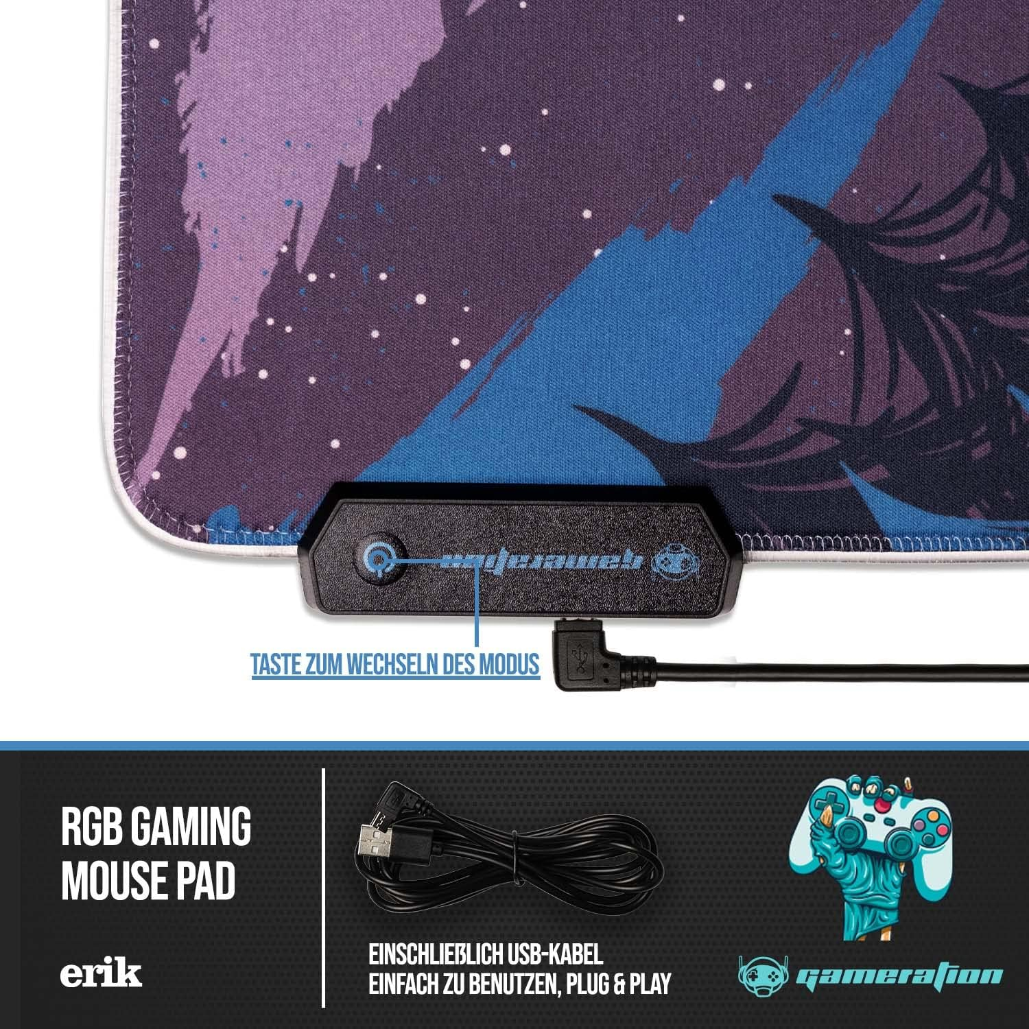 Nahaufnahme eines RGB-Gaming-Mauspads mit einem USB-Kabel und dem 'gamerajun'-Logo.