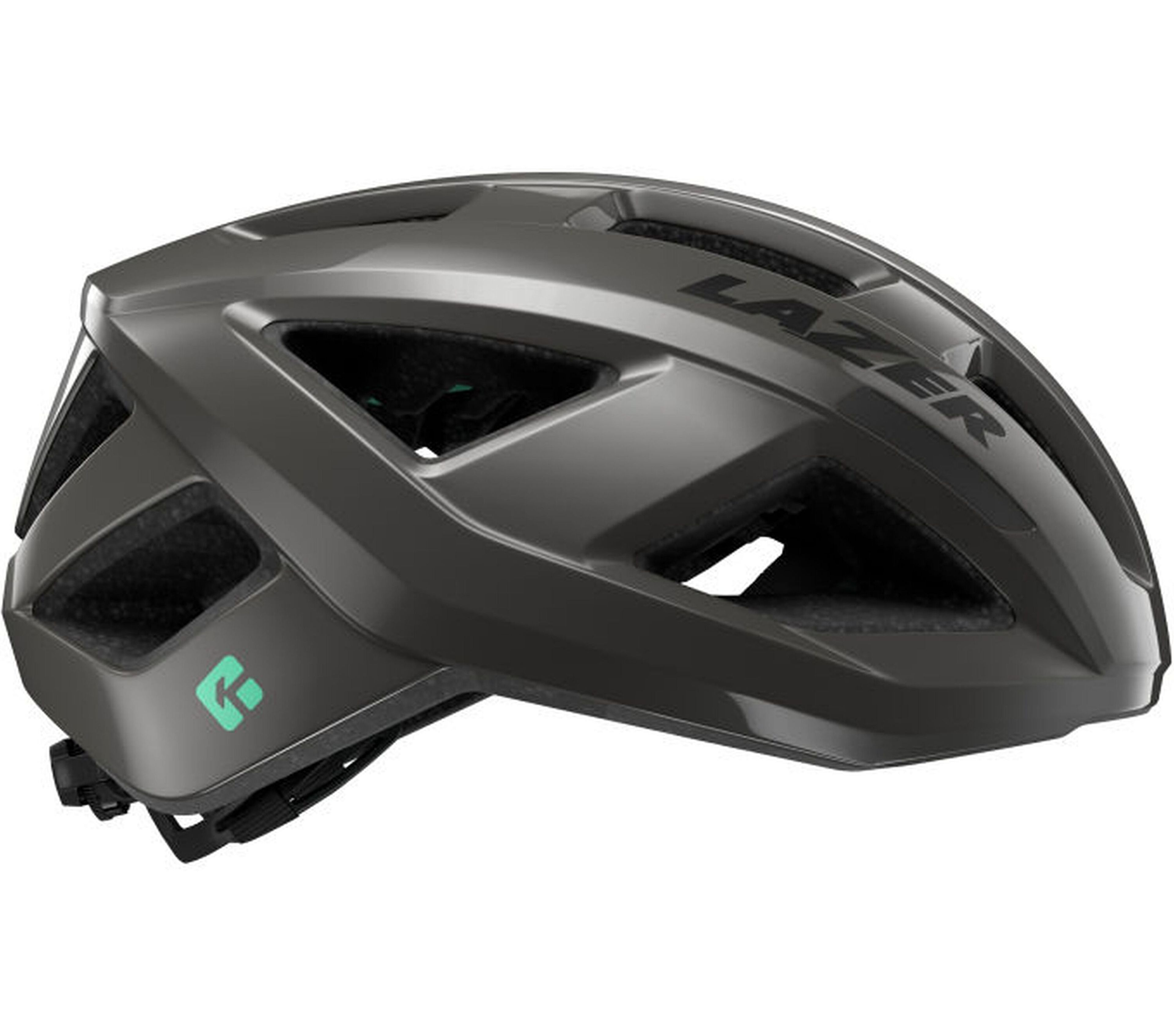 Ein grauer Fahrradhelm mit dem Wort LAZER. Der Helm hat Belüftungsöffnungen und einen schwarzen Riemen.