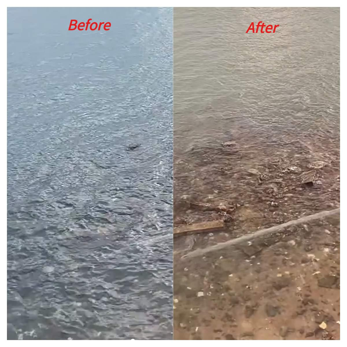 Bild in zwei Teile geteilt: Vorher und Nachher. Wasser wechselt von trüb zu klar. Schmutz ist im zweiten Teil sichtbar.