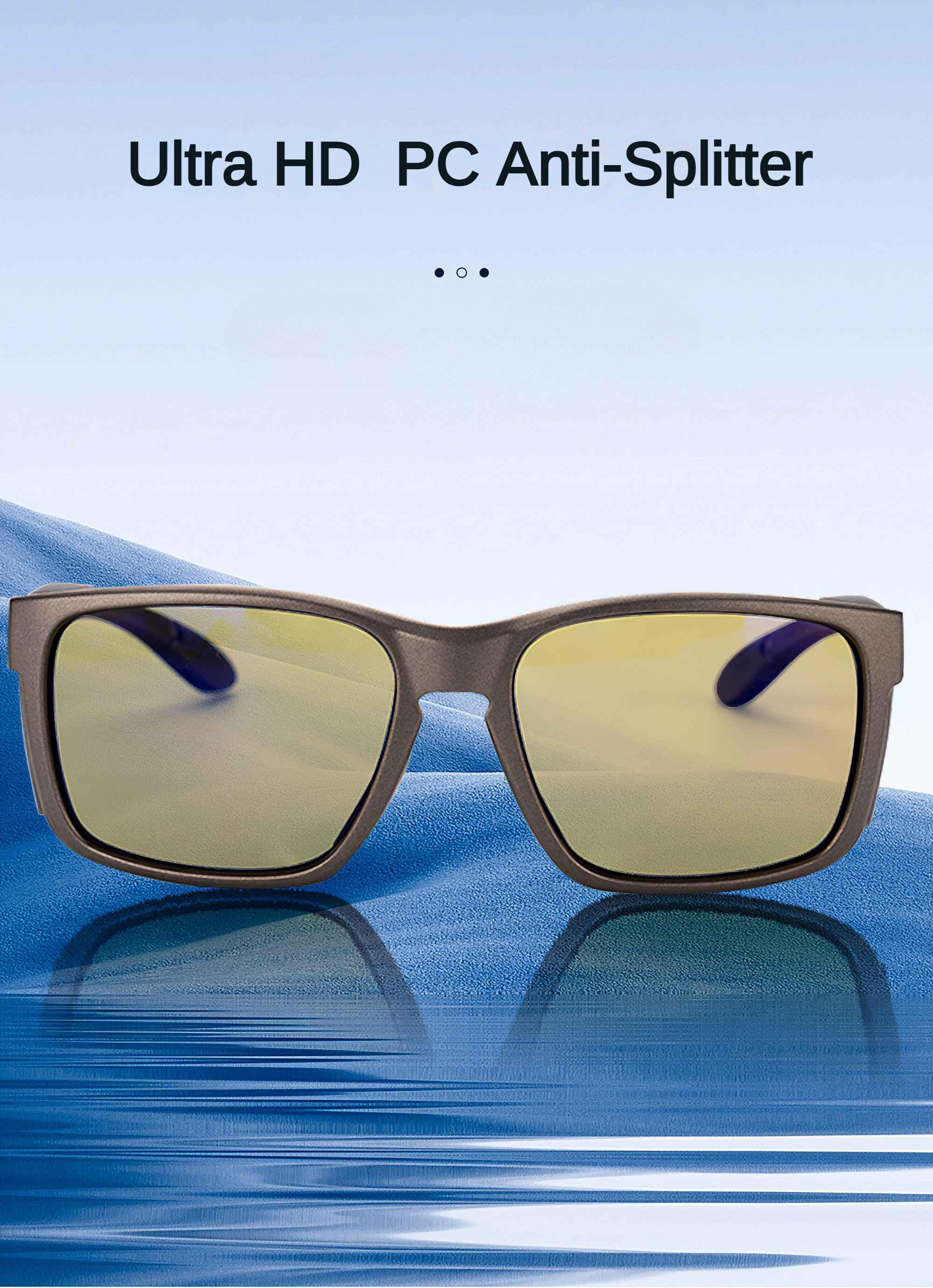 Sonnenbrille mit gelben Gläsern auf blauem Stoff. Text: Ultra HD PC Anti-Splitter.