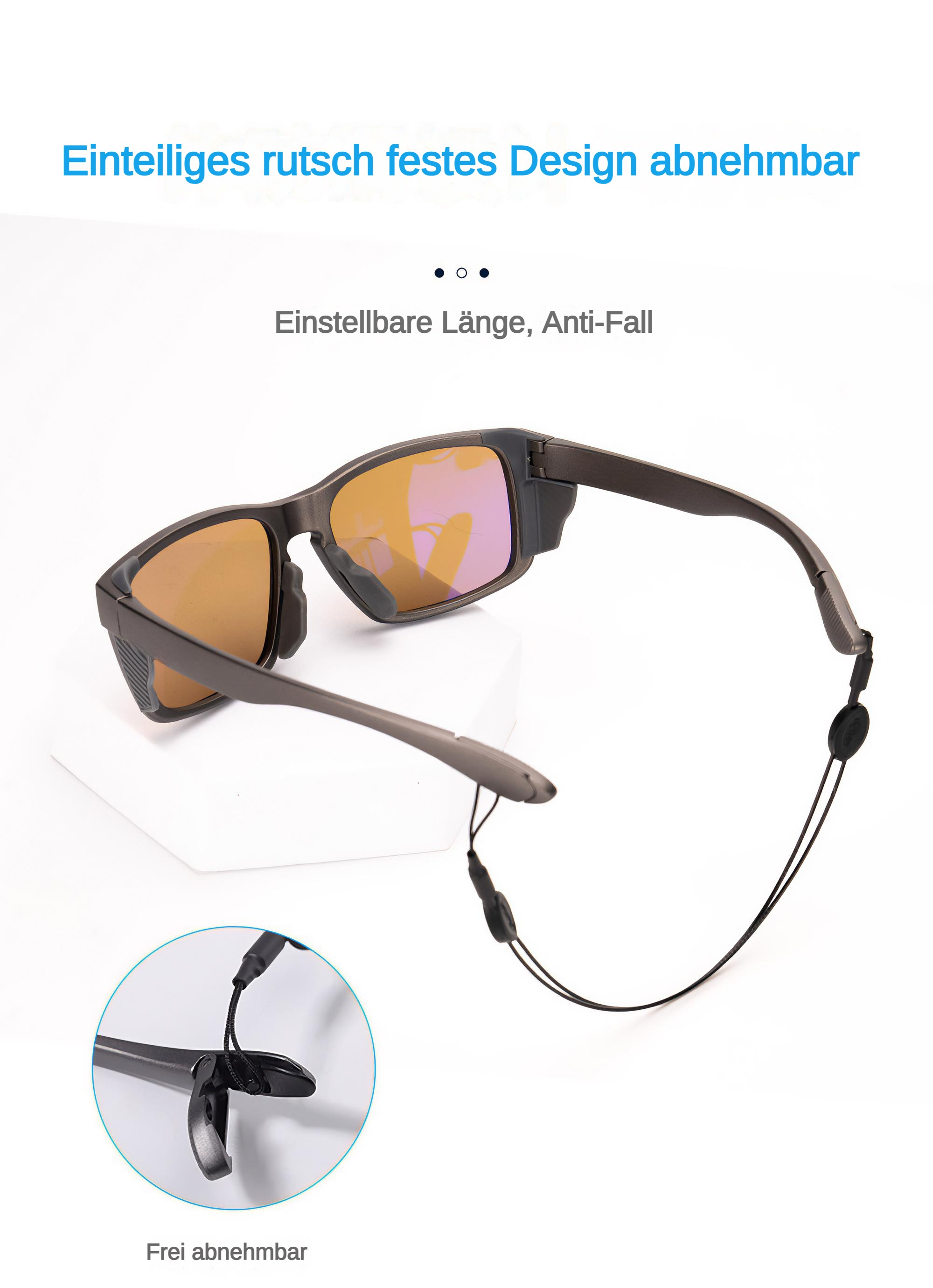 Sonnenbrille mit orangenen Gläsern und einem Band. Text: Einstellbare Länge, Anti-Fall. Details des Bandes.