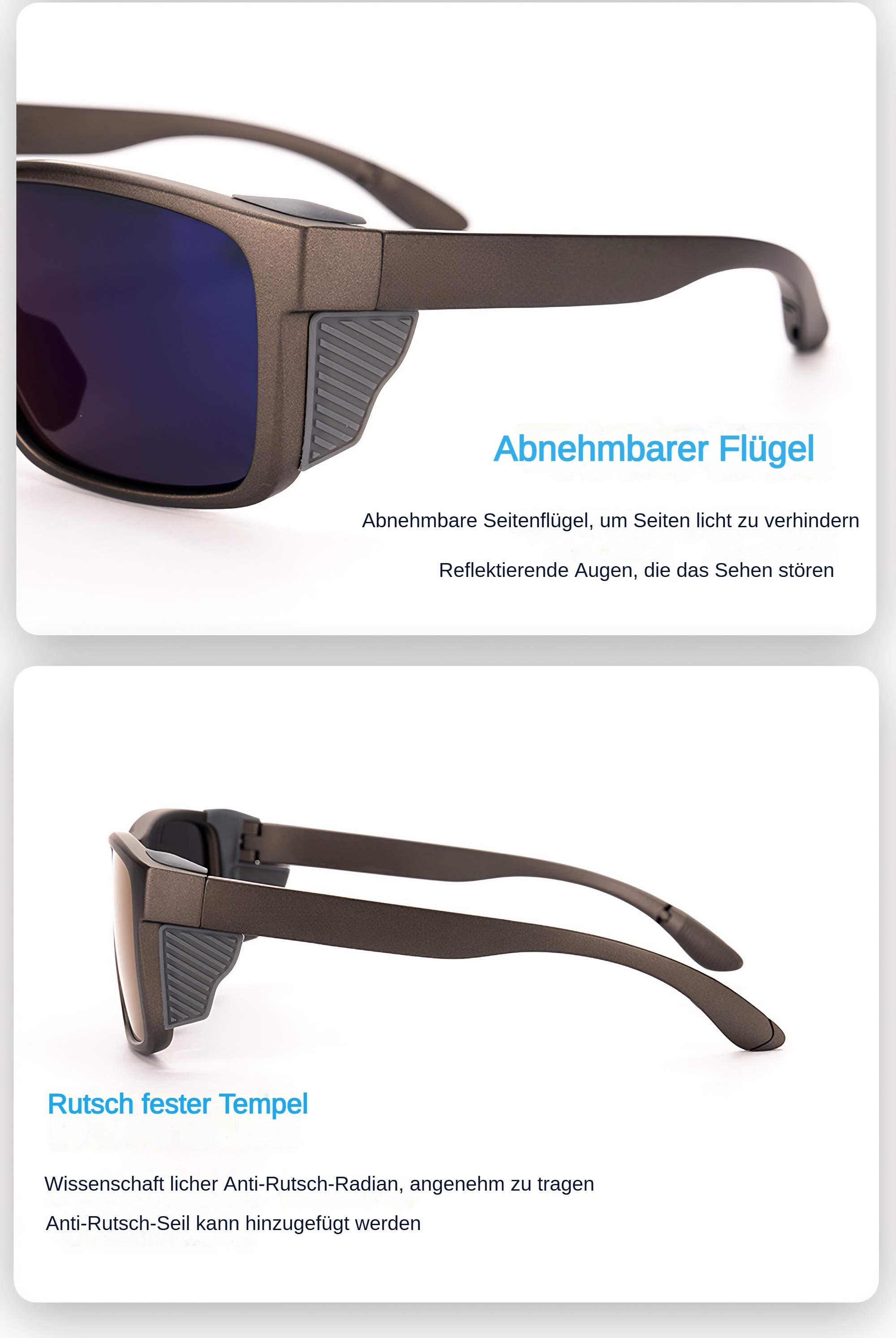Nahaufnahme einer Sonnenbrille mit grauem Gestell und dunklen Gläsern. Text auf Deutsch beschreibt Eigenschaften.