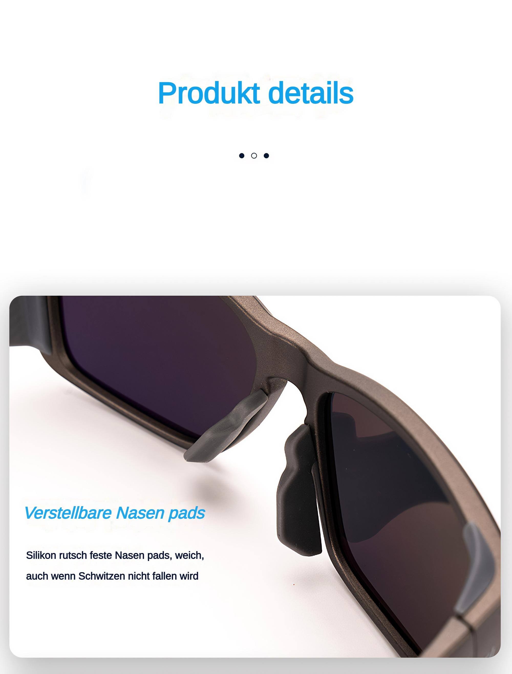 Sonnenbrille mit grauem Gestell und dunklen Gläsern. Text auf Deutsch beschreibt verstellbare Funktionen.