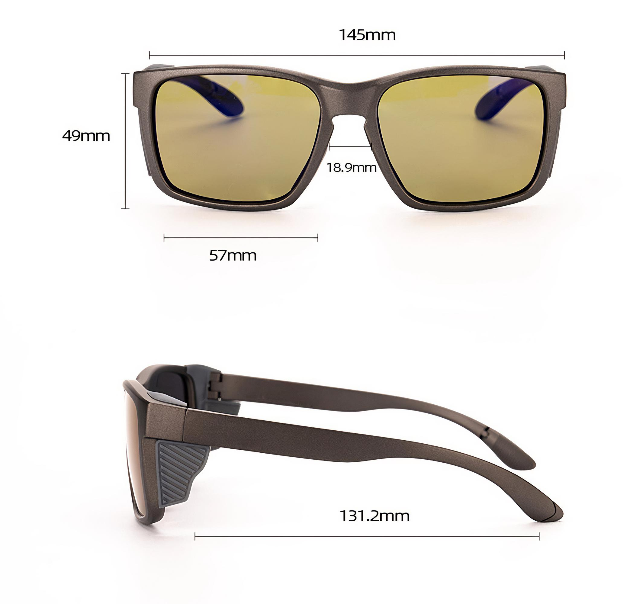 Sonnenbrille mit grauem Gestell und gelben Gläsern. Das Bild zeigt die Abmessungen in mm.