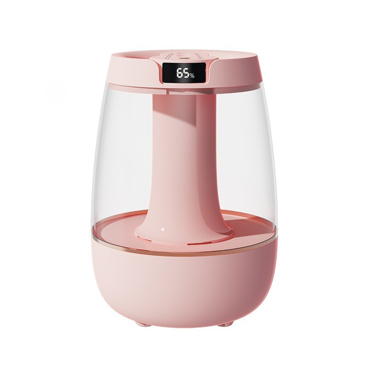 Ein rosa Luftbefeuchter mit einem transparenten Wasserbehälter und einer Digitalanzeige mit 65% auf weißem Hintergrund.