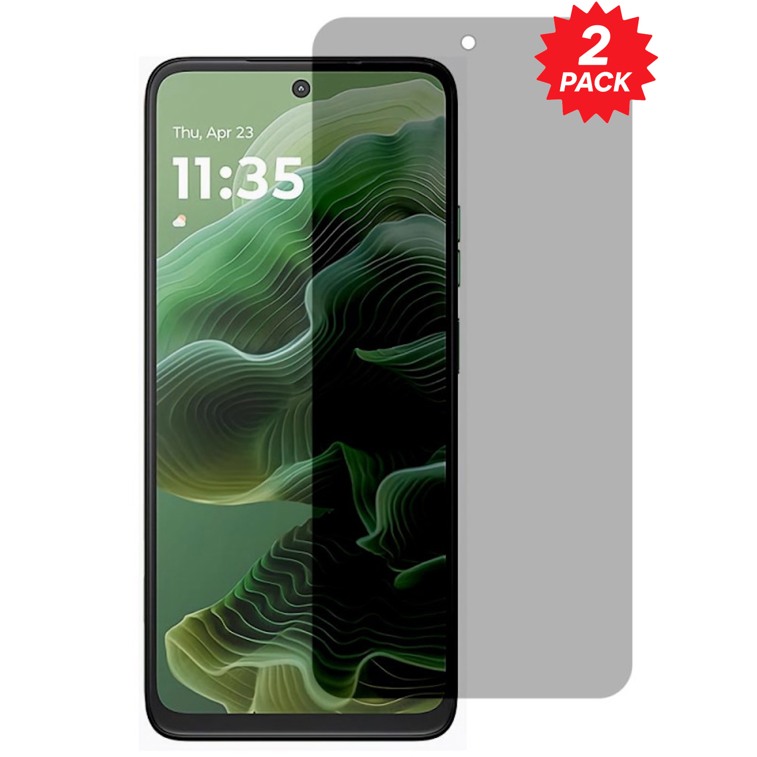 Smartphone nero con protezione schermo. Mostra un motivo astratto verde. Adesivo 'confezione da 2'.
