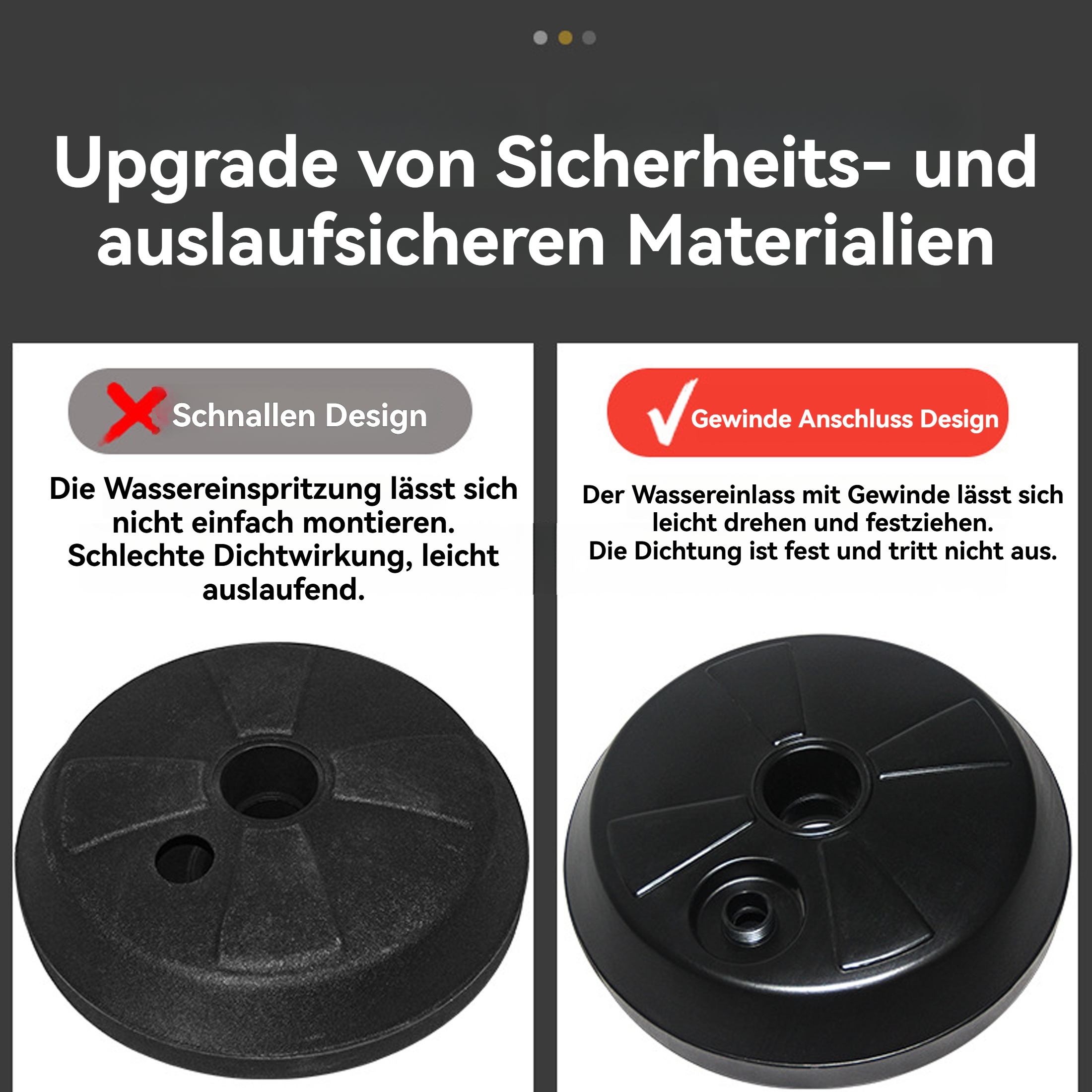 Bildvergleich von Wassereinlassdesigns. Einer ist ein Schnappdesign (schlecht), der andere ein Gewindedesign (gut).