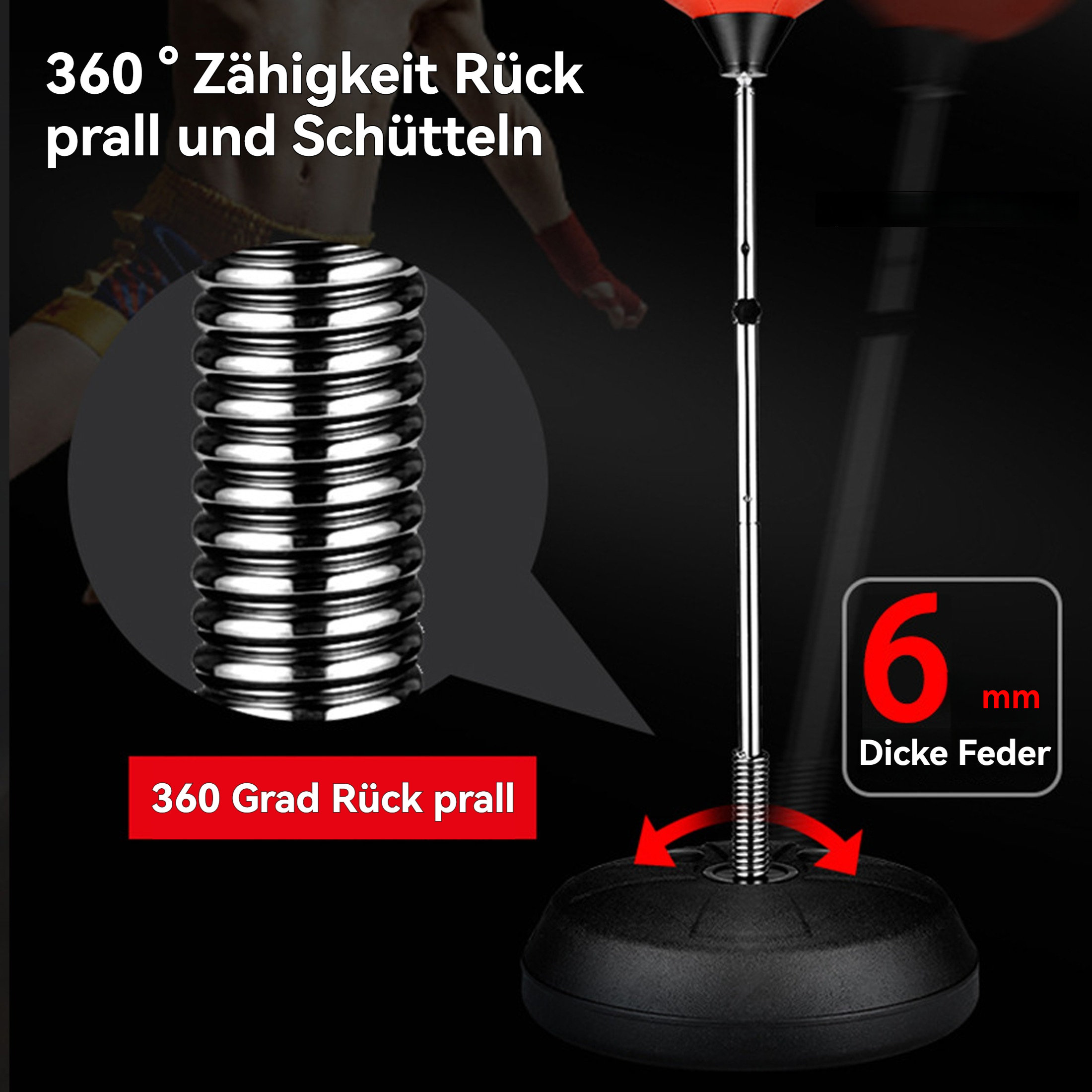 Ein Boxsack. Mit rotem Ball, Metallstange und schwarzem Sockel. Text zeigt 360-Grad-Bewegung.